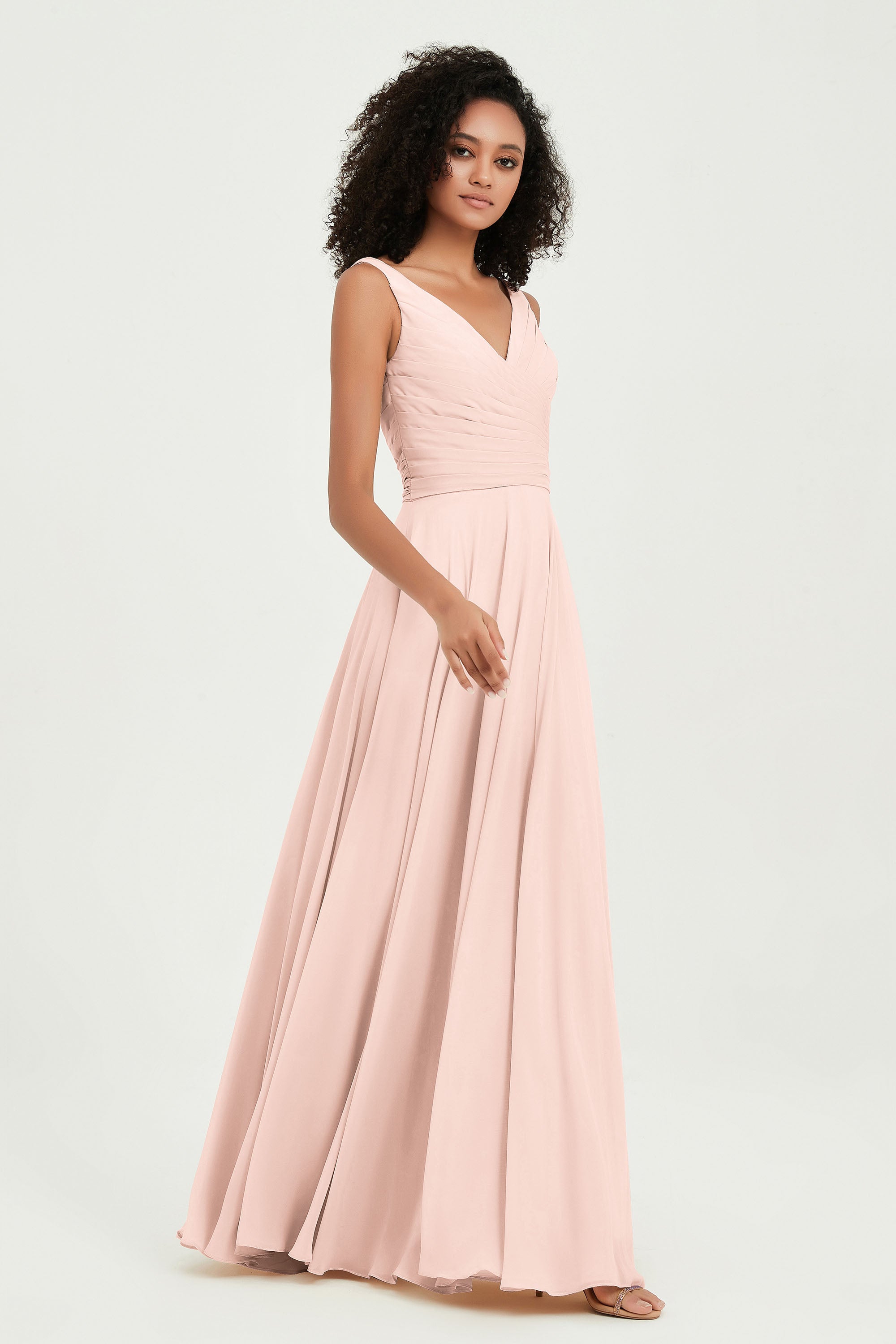 V Neck Chiffon Sleeveless Bridesmaid Dress Pleated Formal Evening Prom Dresses with Bow Sash