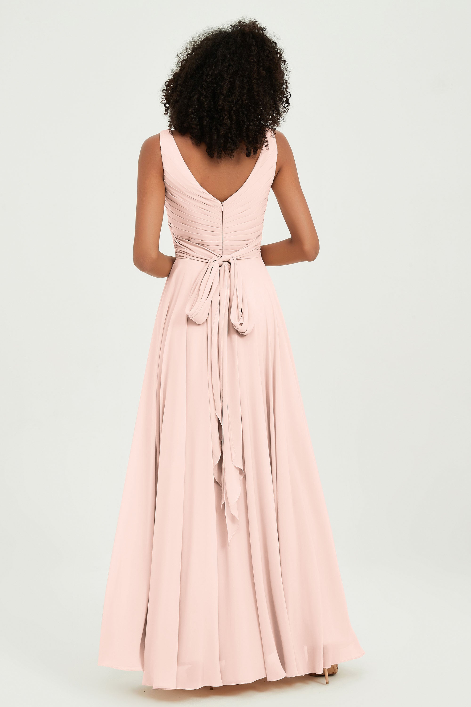 V Neck Chiffon Sleeveless Bridesmaid Dress Pleated Formal Evening Prom Dresses with Bow Sash