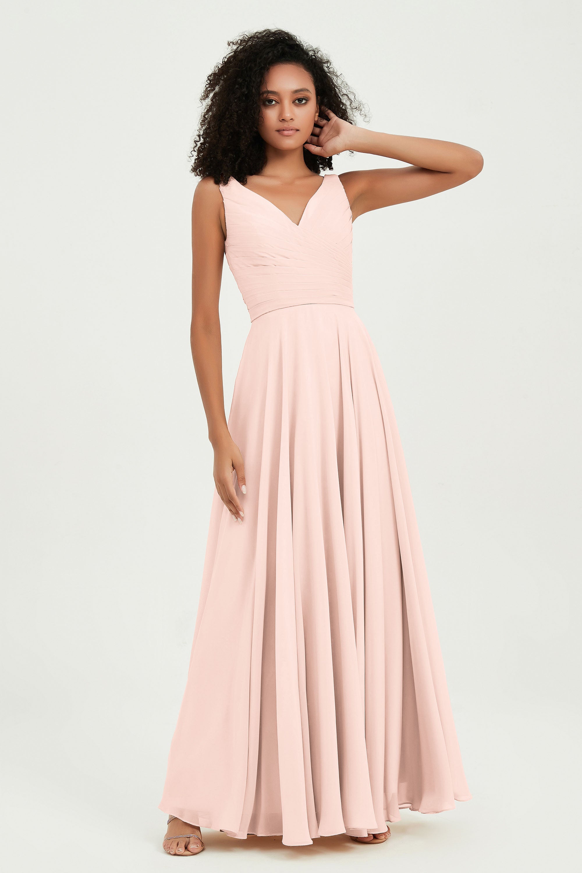 V Neck Chiffon Sleeveless Bridesmaid Dress Pleated Formal Evening Prom Dresses with Bow Sash
