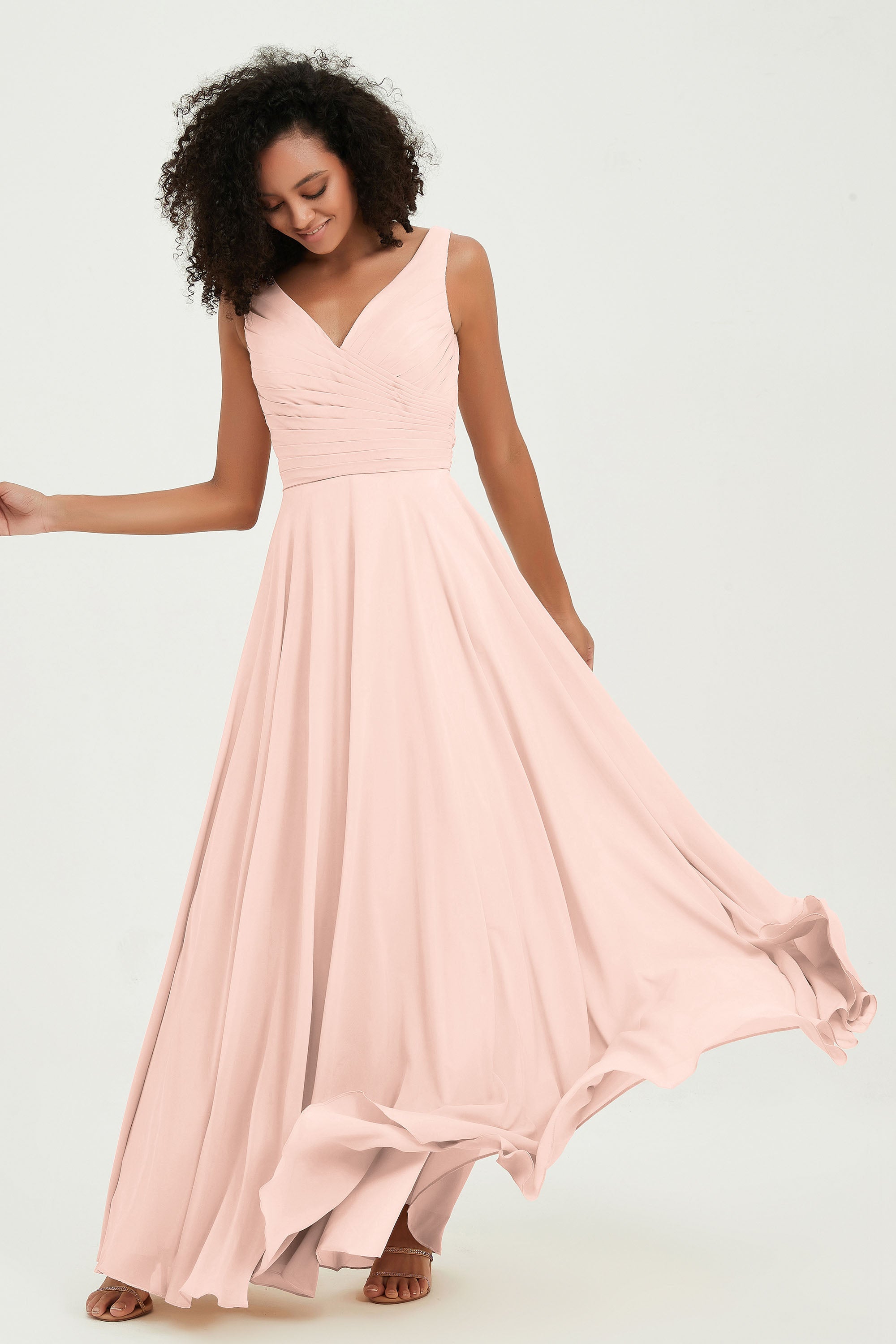 V Neck Chiffon Sleeveless Bridesmaid Dress Pleated Formal Evening Prom Dresses with Bow Sash