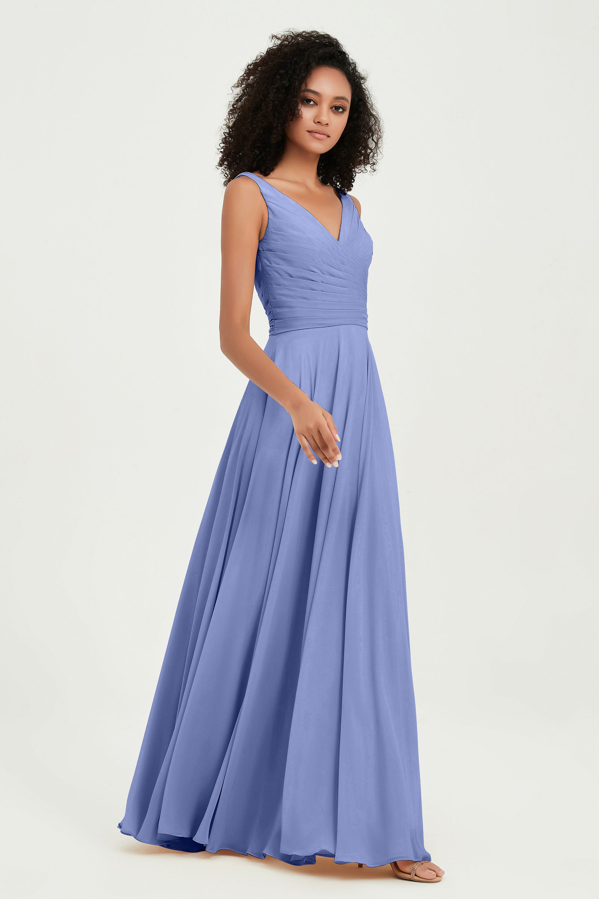 V Neck Chiffon Sleeveless Bridesmaid Dress Pleated Formal Evening Prom Dresses with Bow Sash