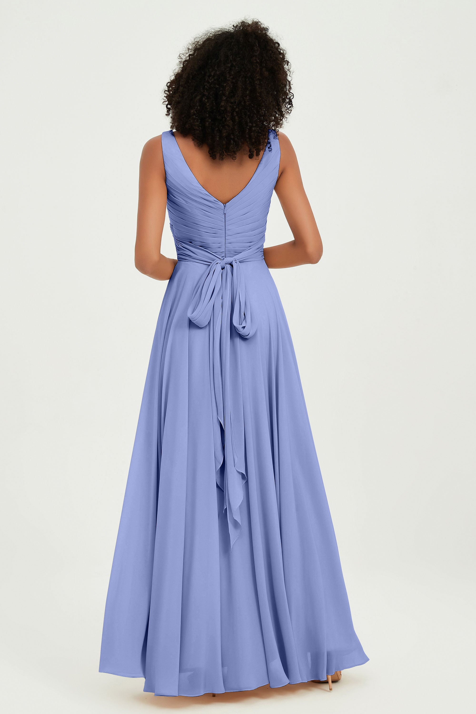 V Neck Chiffon Sleeveless Bridesmaid Dress Pleated Formal Evening Prom Dresses with Bow Sash