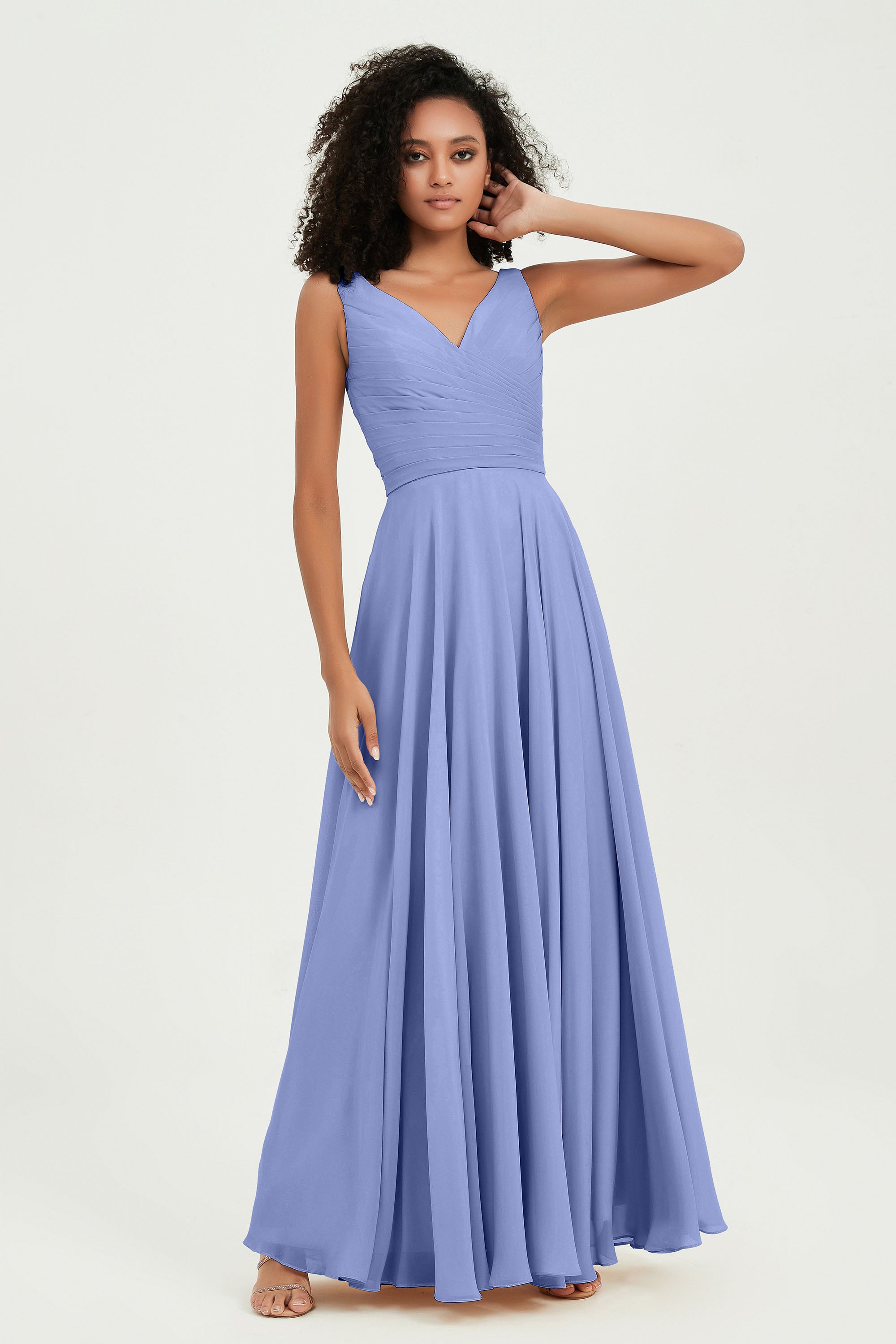 V Neck Chiffon Sleeveless Bridesmaid Dress Pleated Formal Evening Prom Dresses with Bow Sash