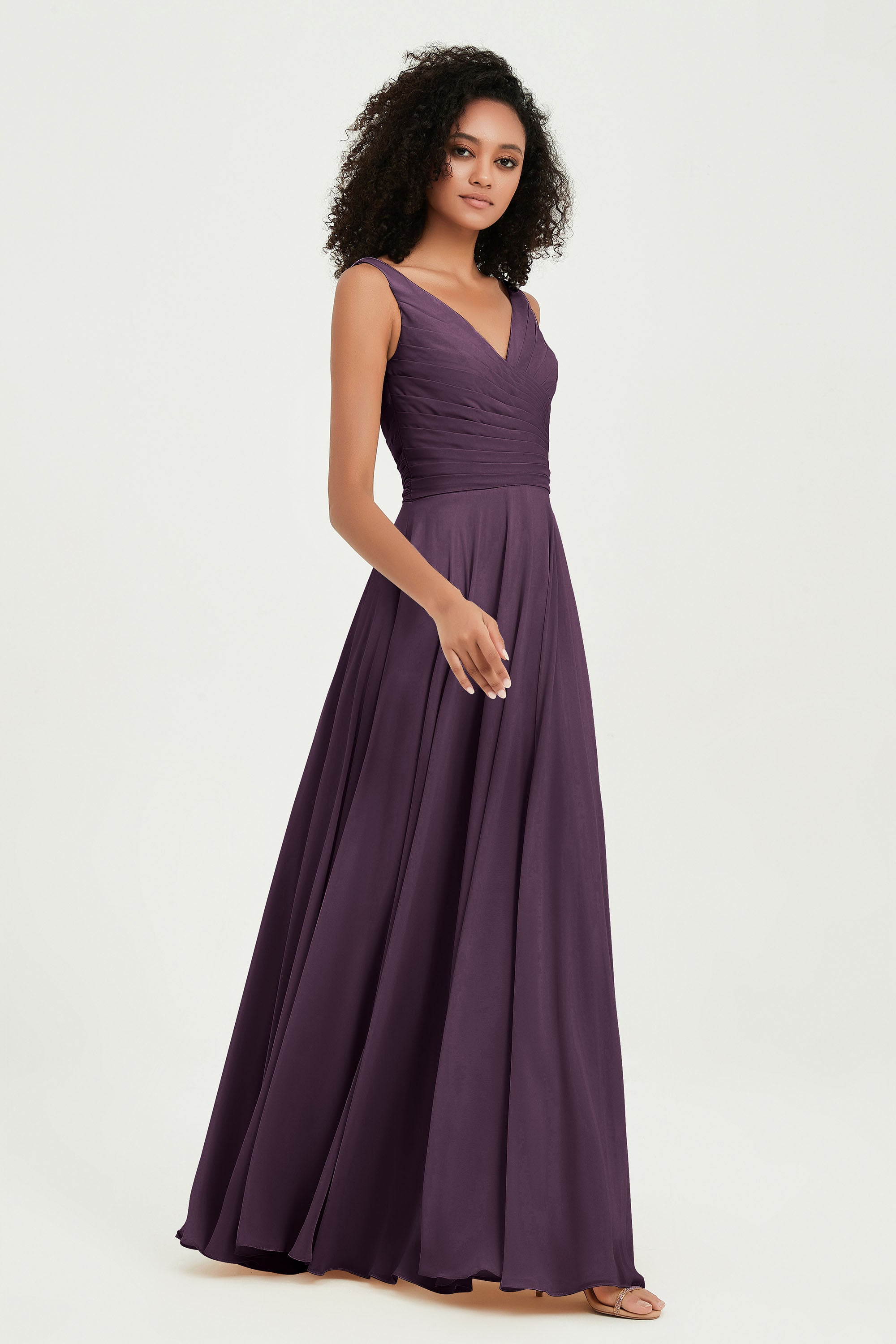 V Neck Chiffon Sleeveless Bridesmaid Dress Pleated Formal Evening Prom Dresses with Bow Sash