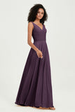 V Neck Chiffon Sleeveless Bridesmaid Dress Pleated Formal Evening Prom Dresses with Bow Sash