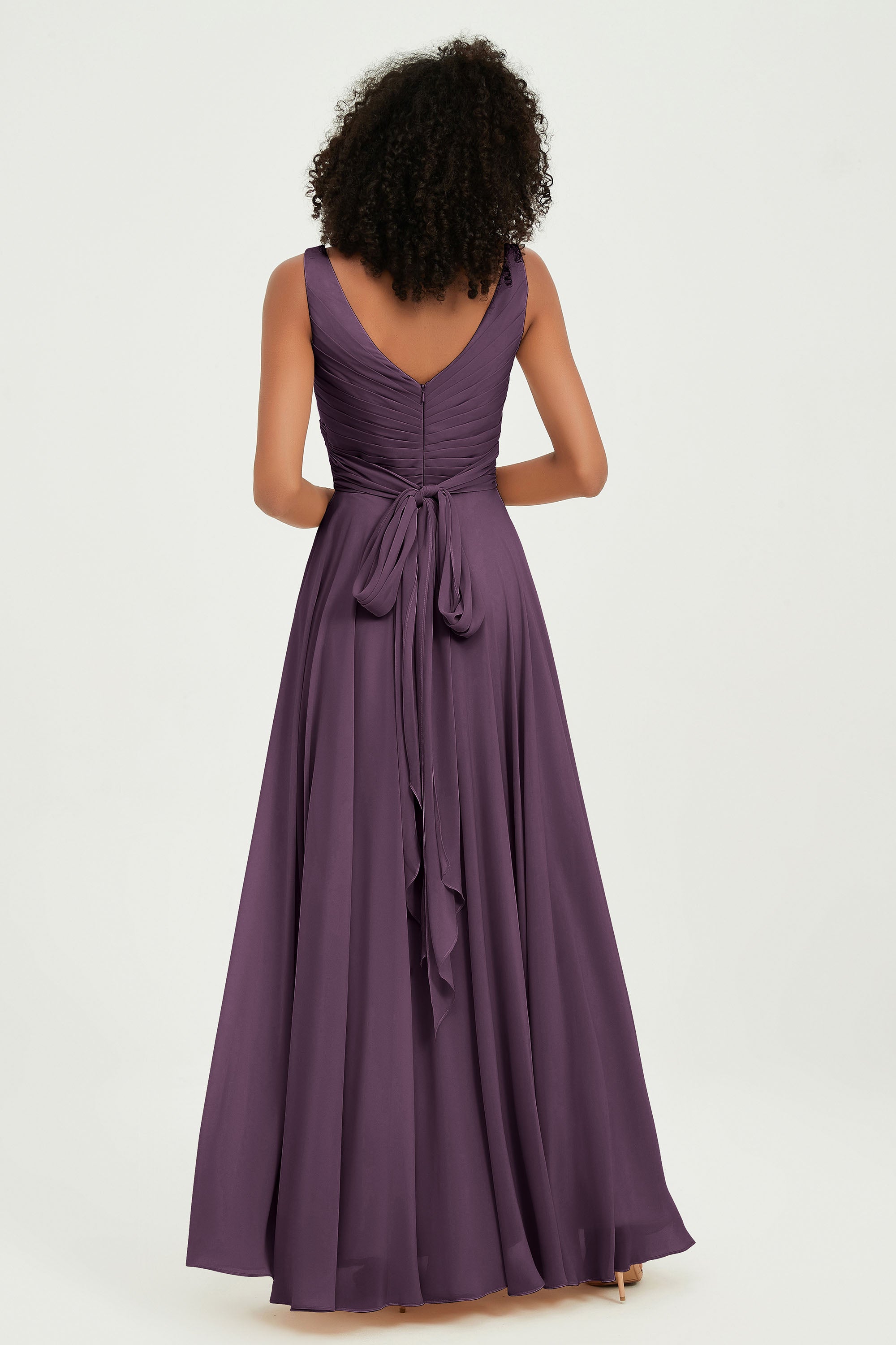 V Neck Chiffon Sleeveless Bridesmaid Dress Pleated Formal Evening Prom Dresses with Bow Sash