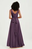 V Neck Chiffon Sleeveless Bridesmaid Dress Pleated Formal Evening Prom Dresses with Bow Sash