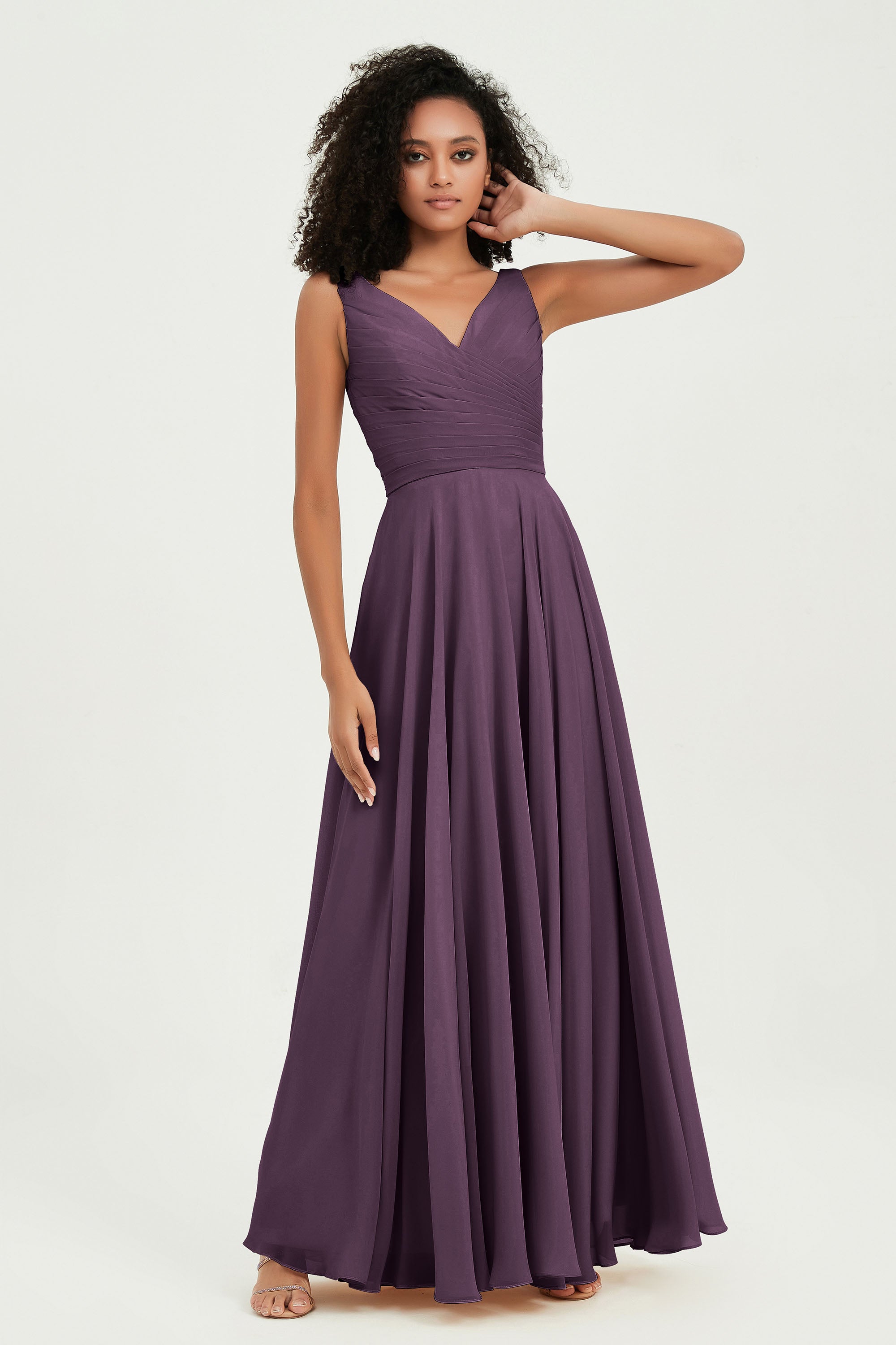V Neck Chiffon Sleeveless Bridesmaid Dress Pleated Formal Evening Prom Dresses with Bow Sash