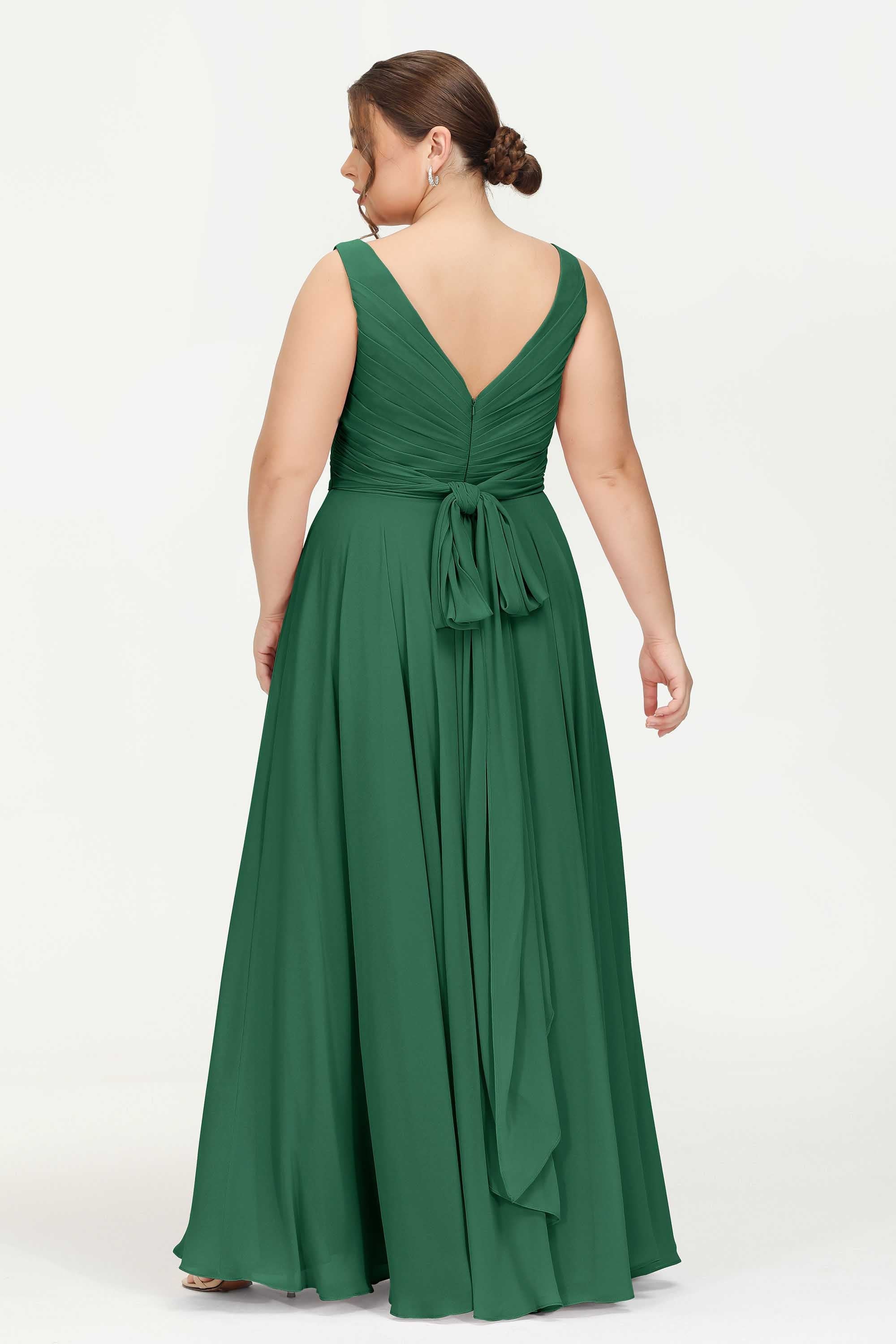 V Neck Chiffon Sleeveless Bridesmaid Dress Pleated Formal Evening Prom Dresses with Bow Sash