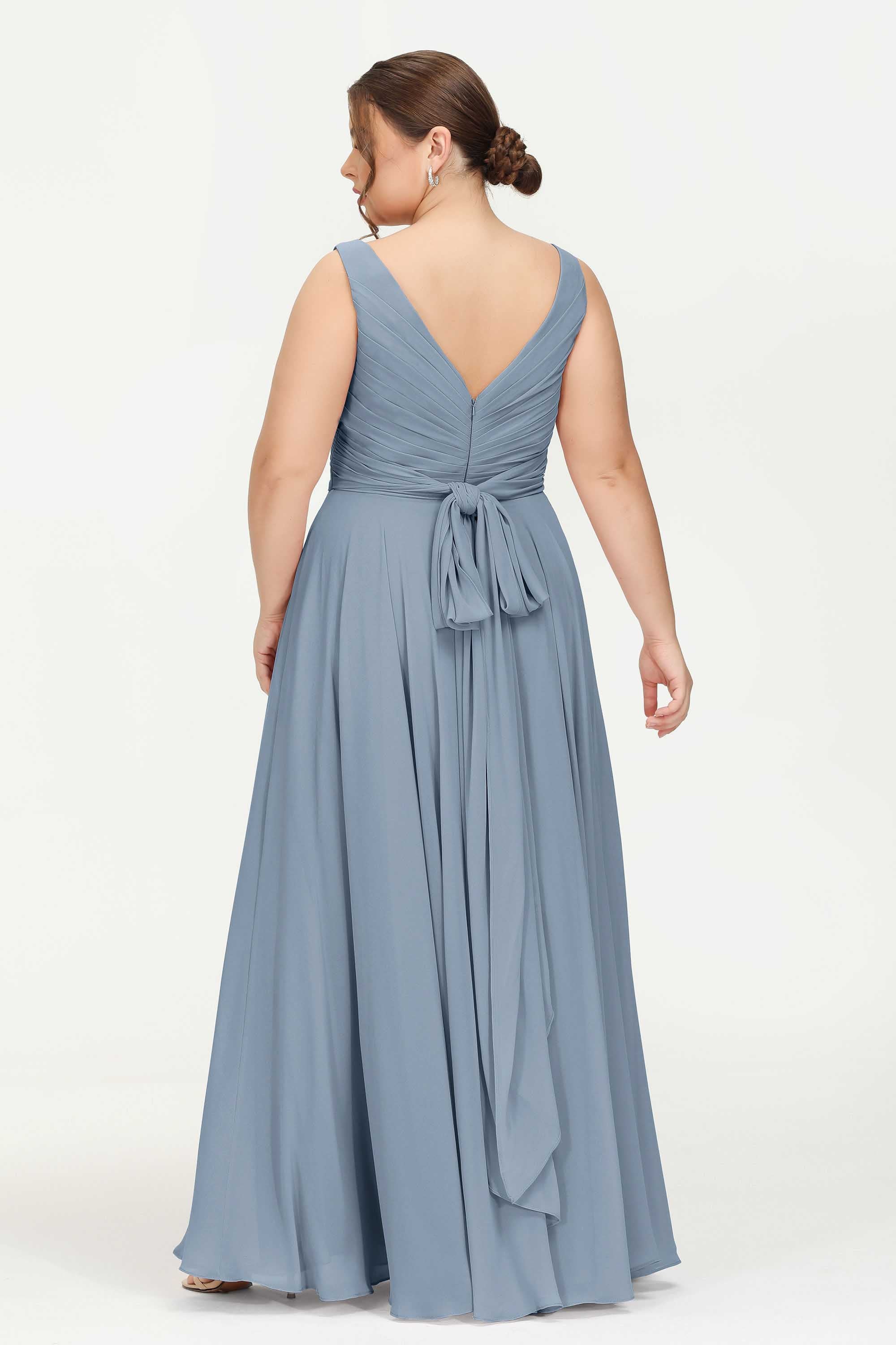 V Neck Chiffon Sleeveless Bridesmaid Dress Pleated Formal Evening Prom Dresses with Bow Sash
