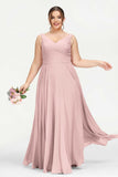 V Neck Chiffon Sleeveless Bridesmaid Dress Pleated Formal Evening Prom Dresses with Bow Sash