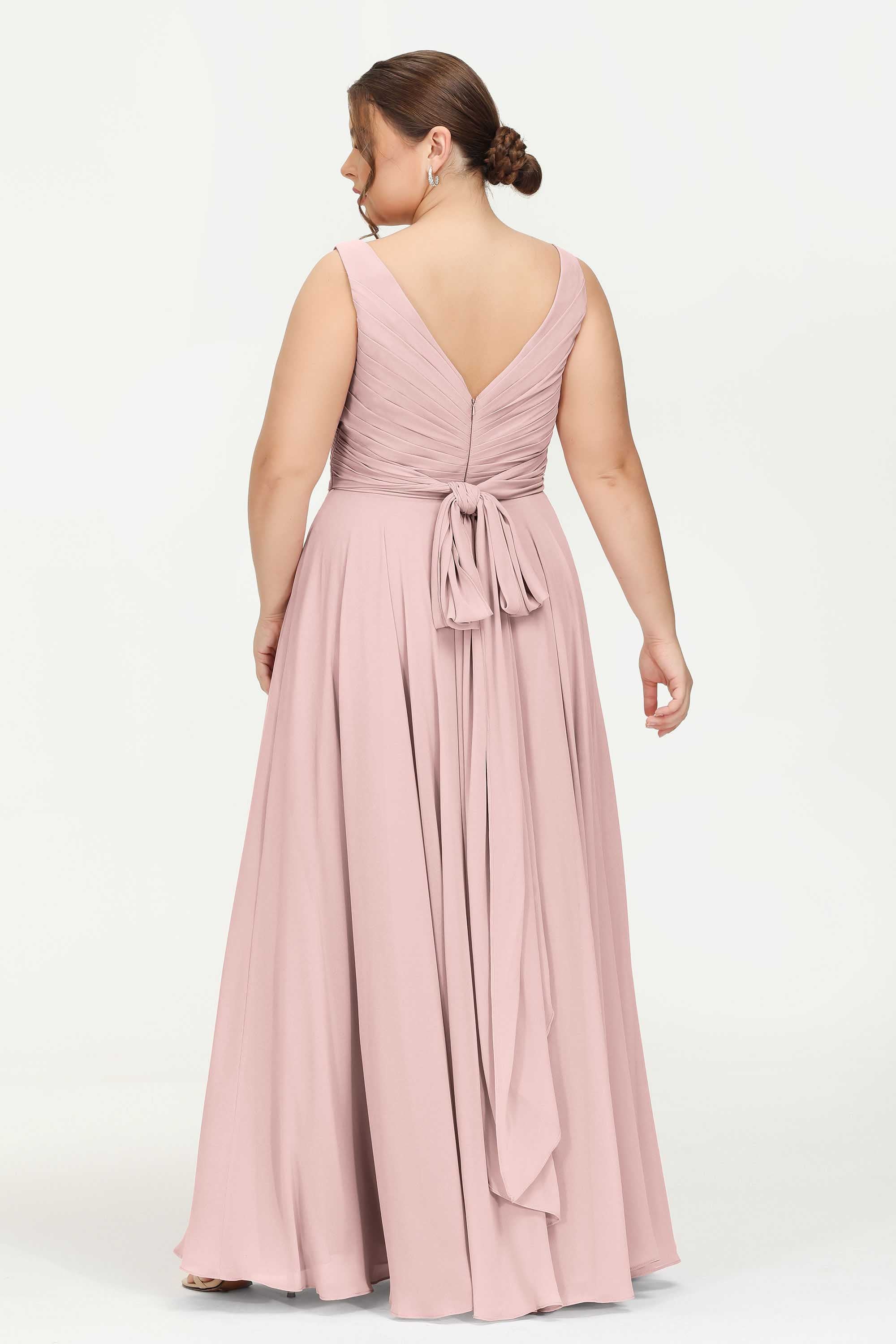 V Neck Chiffon Sleeveless Bridesmaid Dress Pleated Formal Evening Prom Dresses with Bow Sash