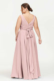 V Neck Chiffon Sleeveless Bridesmaid Dress Pleated Formal Evening Prom Dresses with Bow Sash