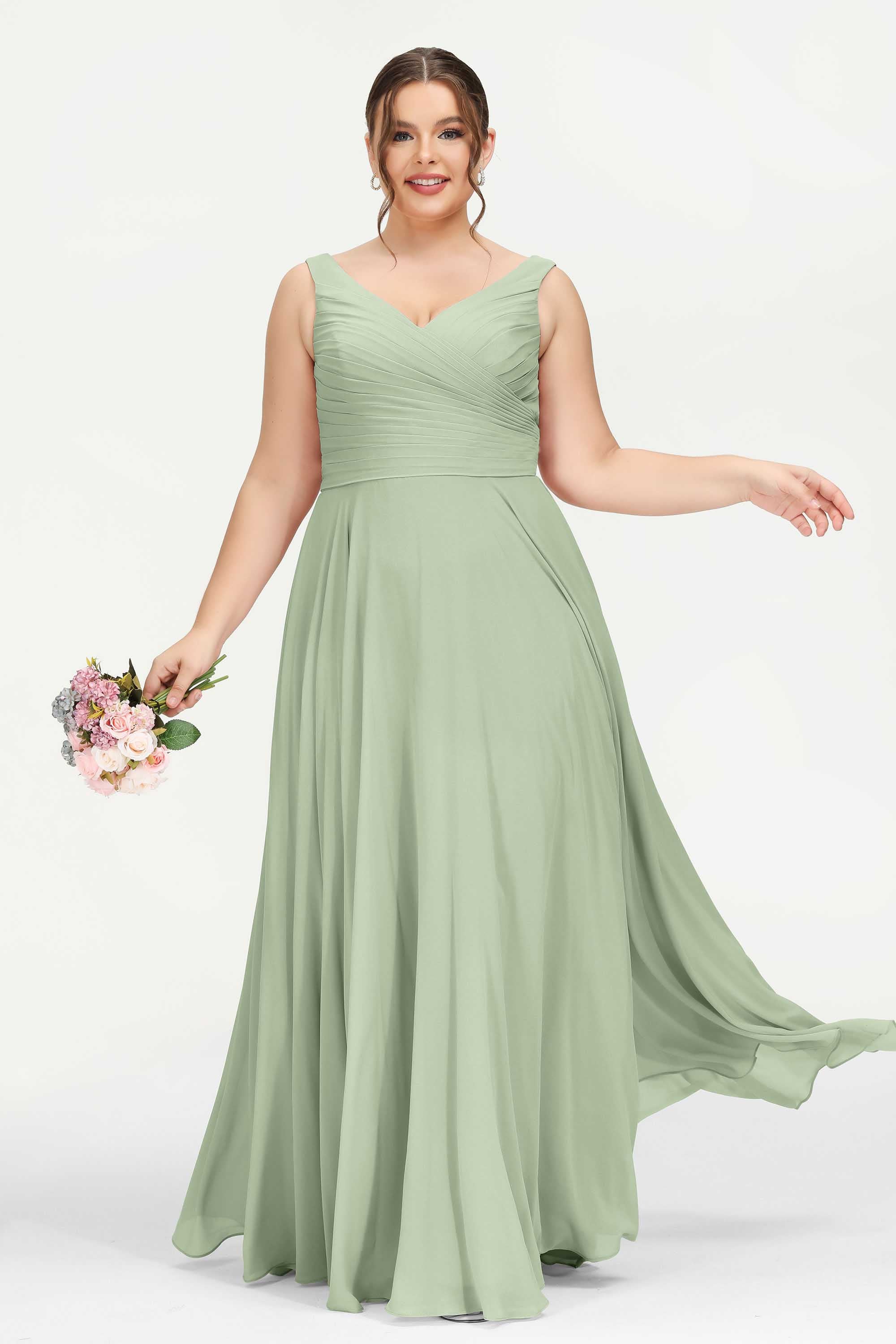 V Neck Chiffon Sleeveless Bridesmaid Dress Pleated Formal Evening Prom Dresses with Bow Sash