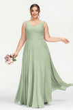 V Neck Chiffon Sleeveless Bridesmaid Dress Pleated Formal Evening Prom Dresses with Bow Sash