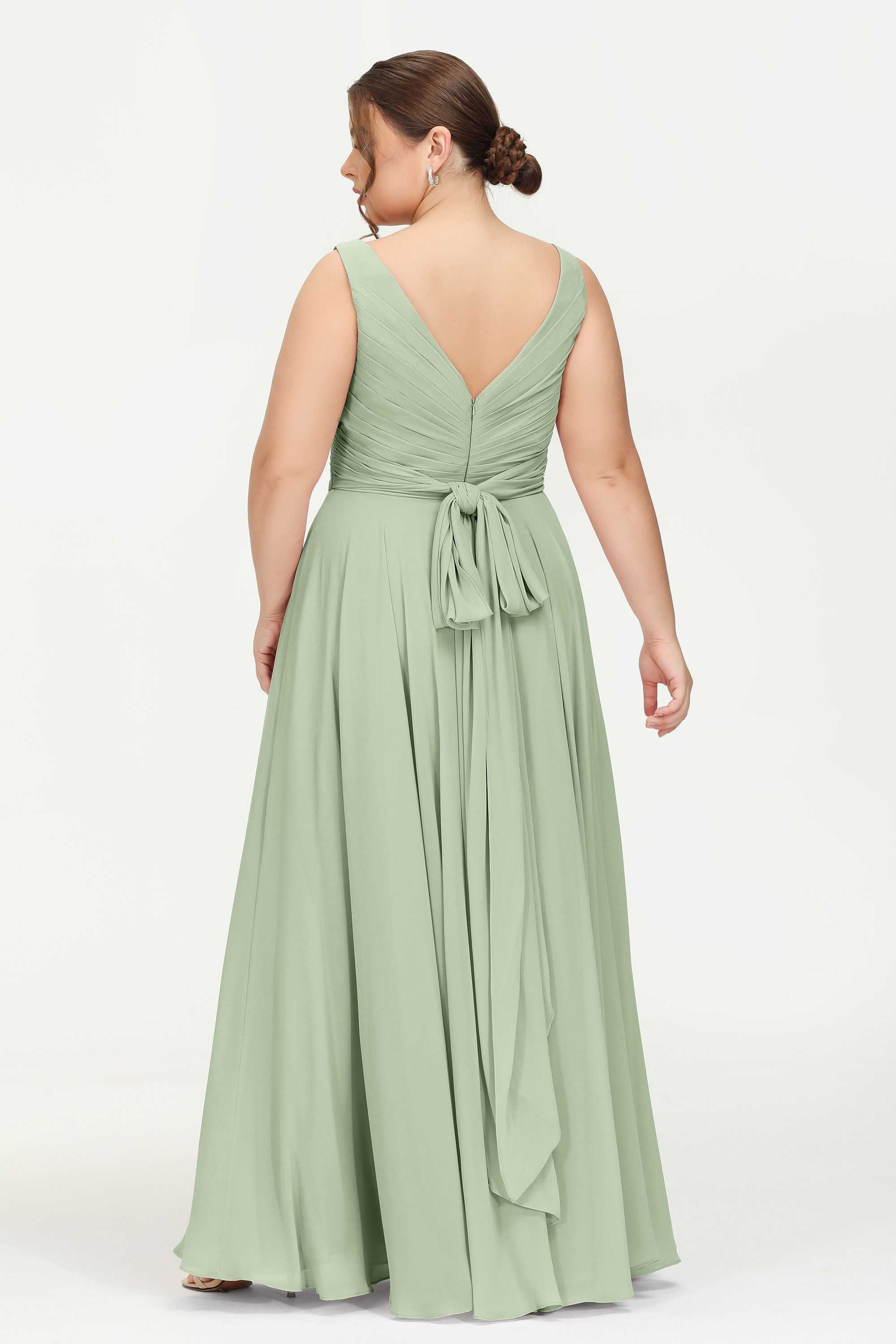 V Neck Chiffon Sleeveless Bridesmaid Dress Pleated Formal Evening Prom Dresses with Bow Sash