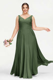 V Neck Chiffon Sleeveless Bridesmaid Dress Pleated Formal Evening Prom Dresses with Bow Sash