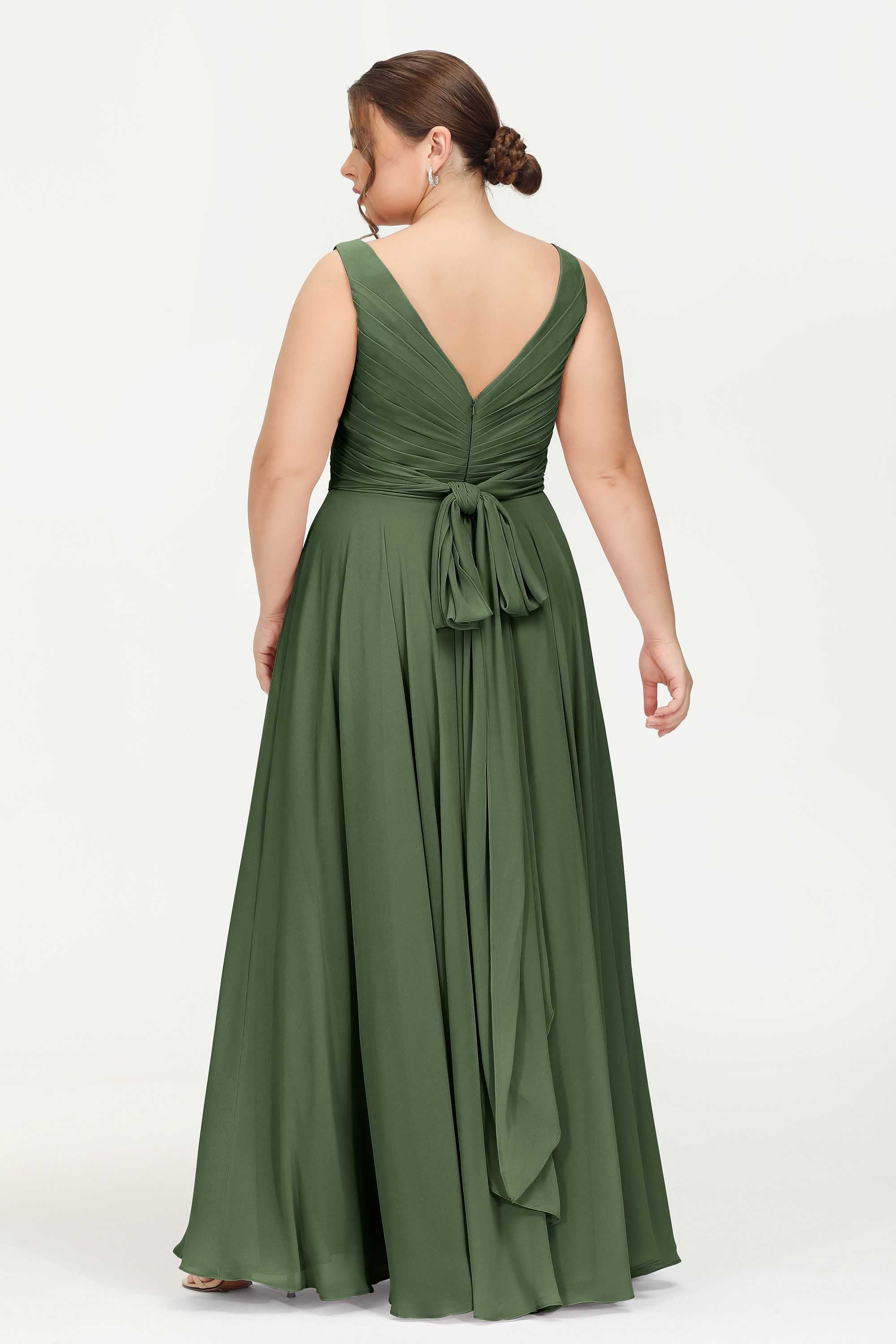V Neck Chiffon Sleeveless Bridesmaid Dress Pleated Formal Evening Prom Dresses with Bow Sash