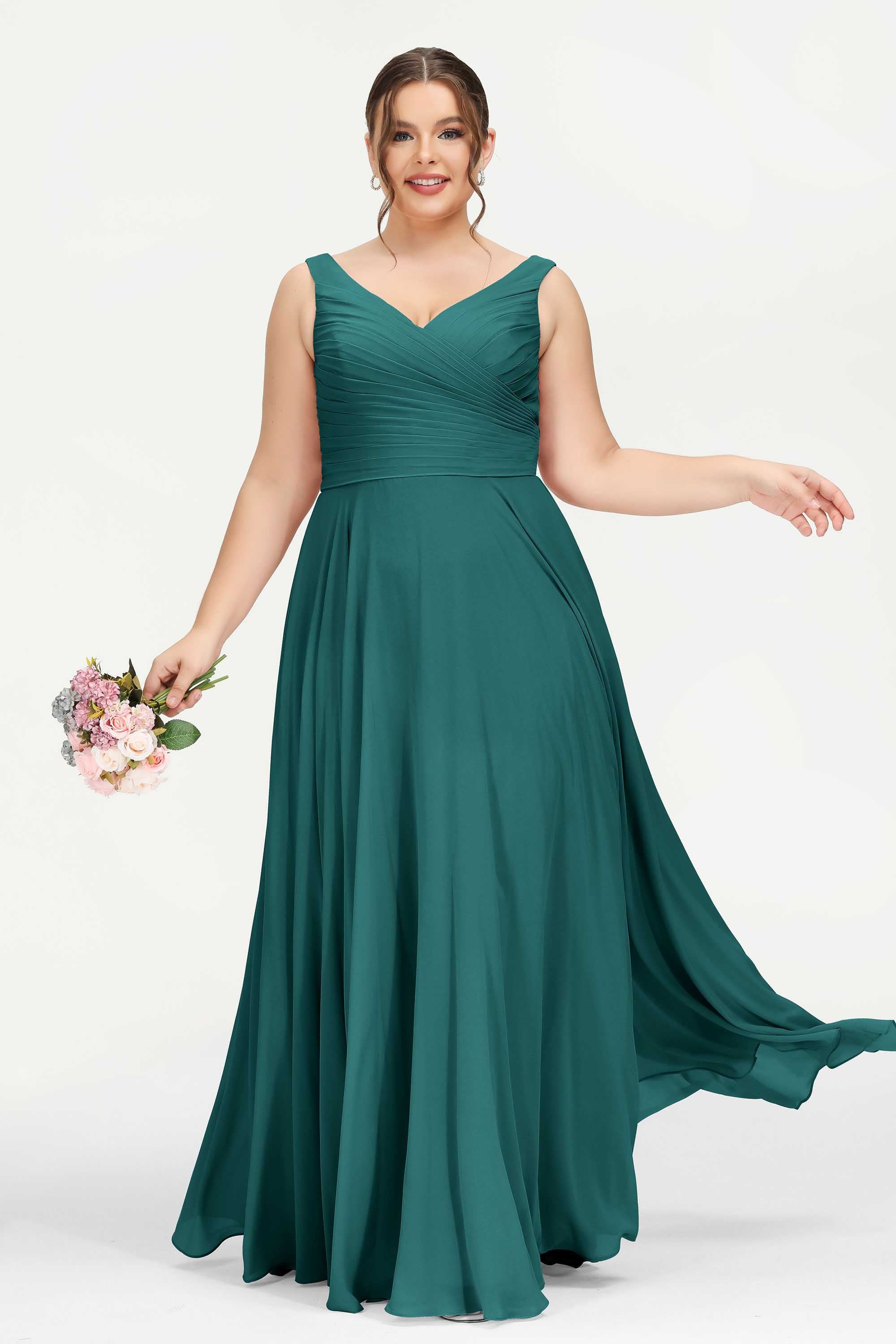V Neck Chiffon Sleeveless Bridesmaid Dress Pleated Formal Evening Prom Dresses with Bow Sash