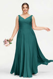 V Neck Chiffon Sleeveless Bridesmaid Dress Pleated Formal Evening Prom Dresses with Bow Sash