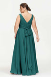 V Neck Chiffon Sleeveless Bridesmaid Dress Pleated Formal Evening Prom Dresses with Bow Sash