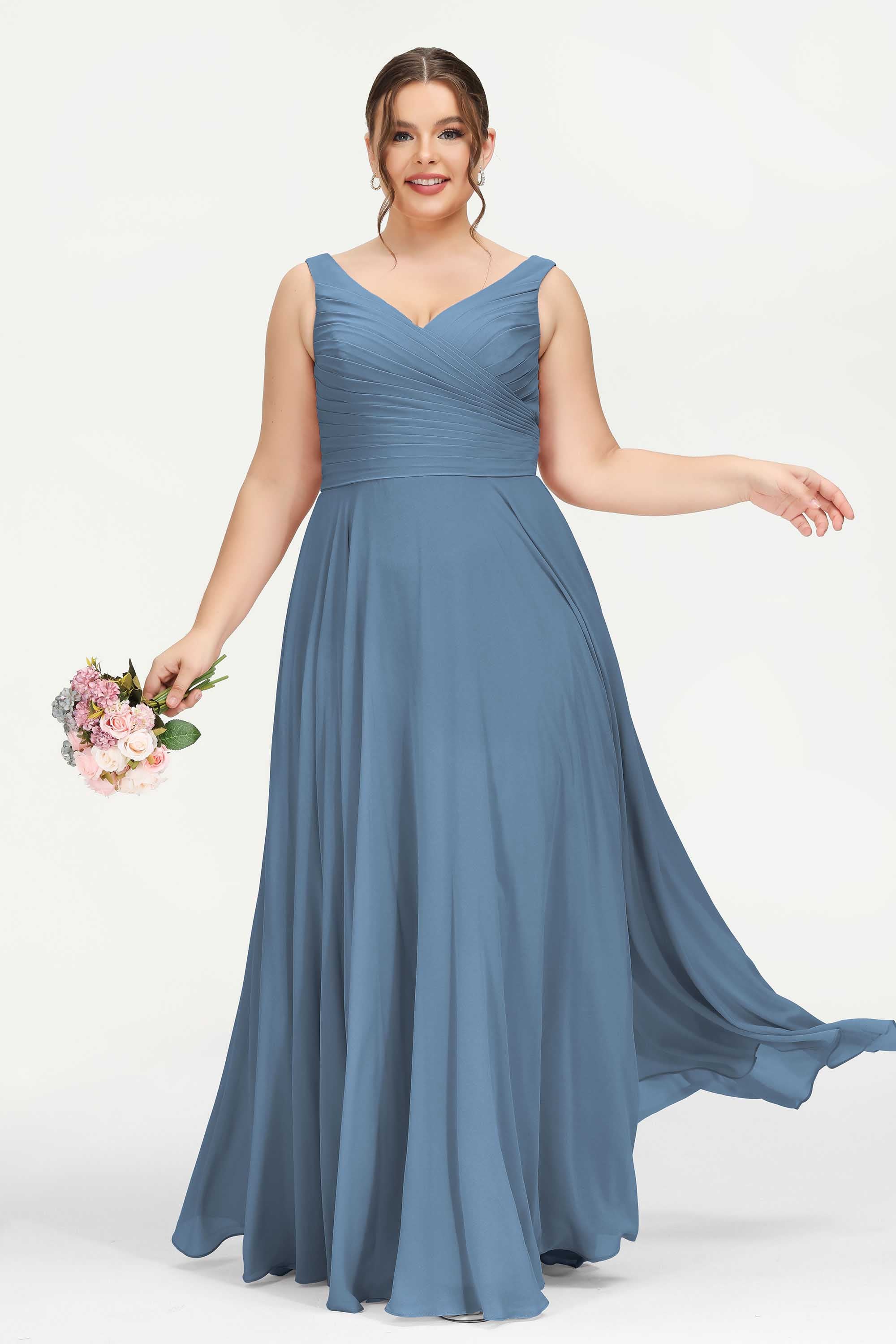 V Neck Chiffon Sleeveless Bridesmaid Dress Pleated Formal Evening Prom Dresses with Bow Sash