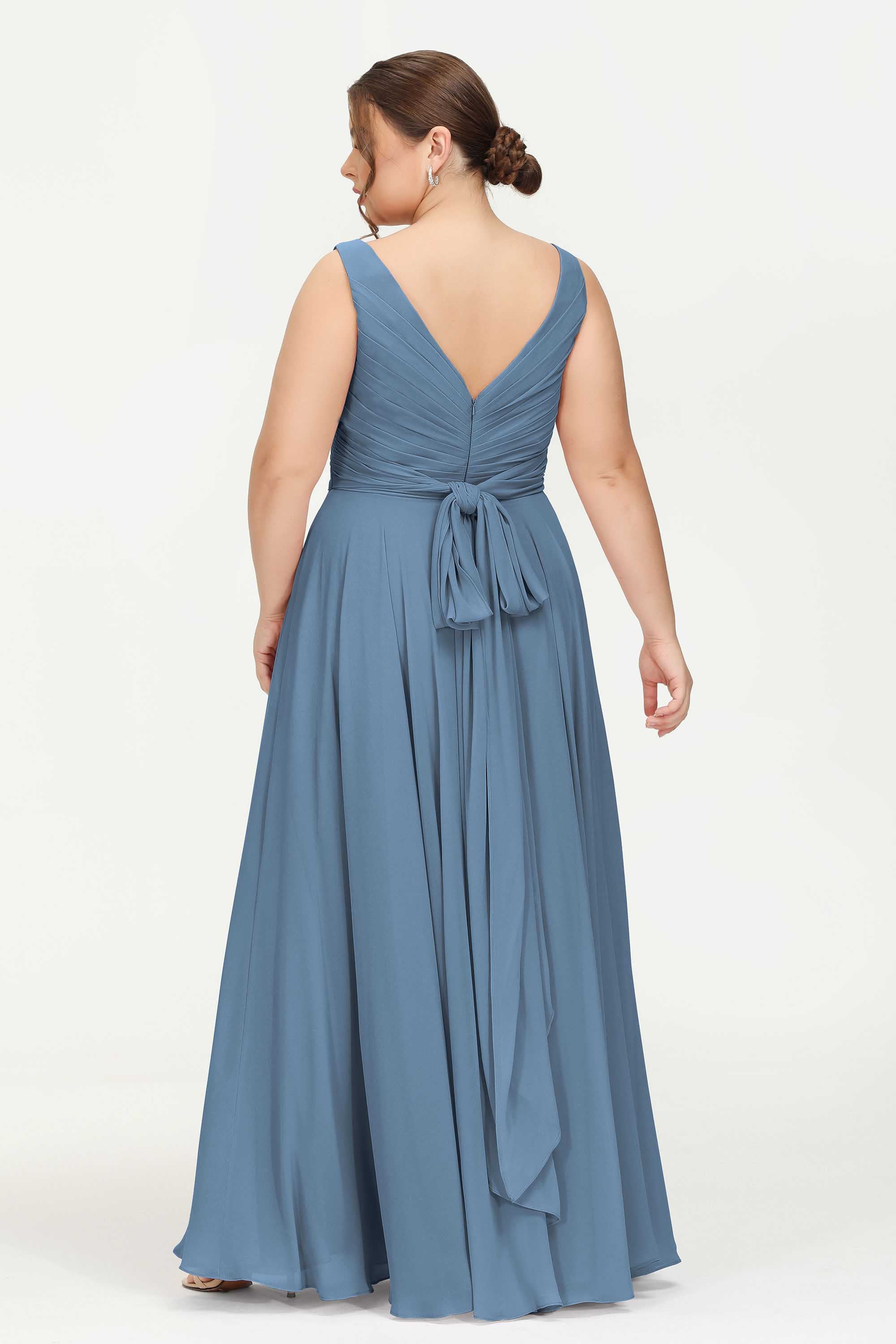 V Neck Chiffon Sleeveless Bridesmaid Dress Pleated Formal Evening Prom Dresses with Bow Sash