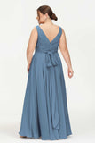 V Neck Chiffon Sleeveless Bridesmaid Dress Pleated Formal Evening Prom Dresses with Bow Sash