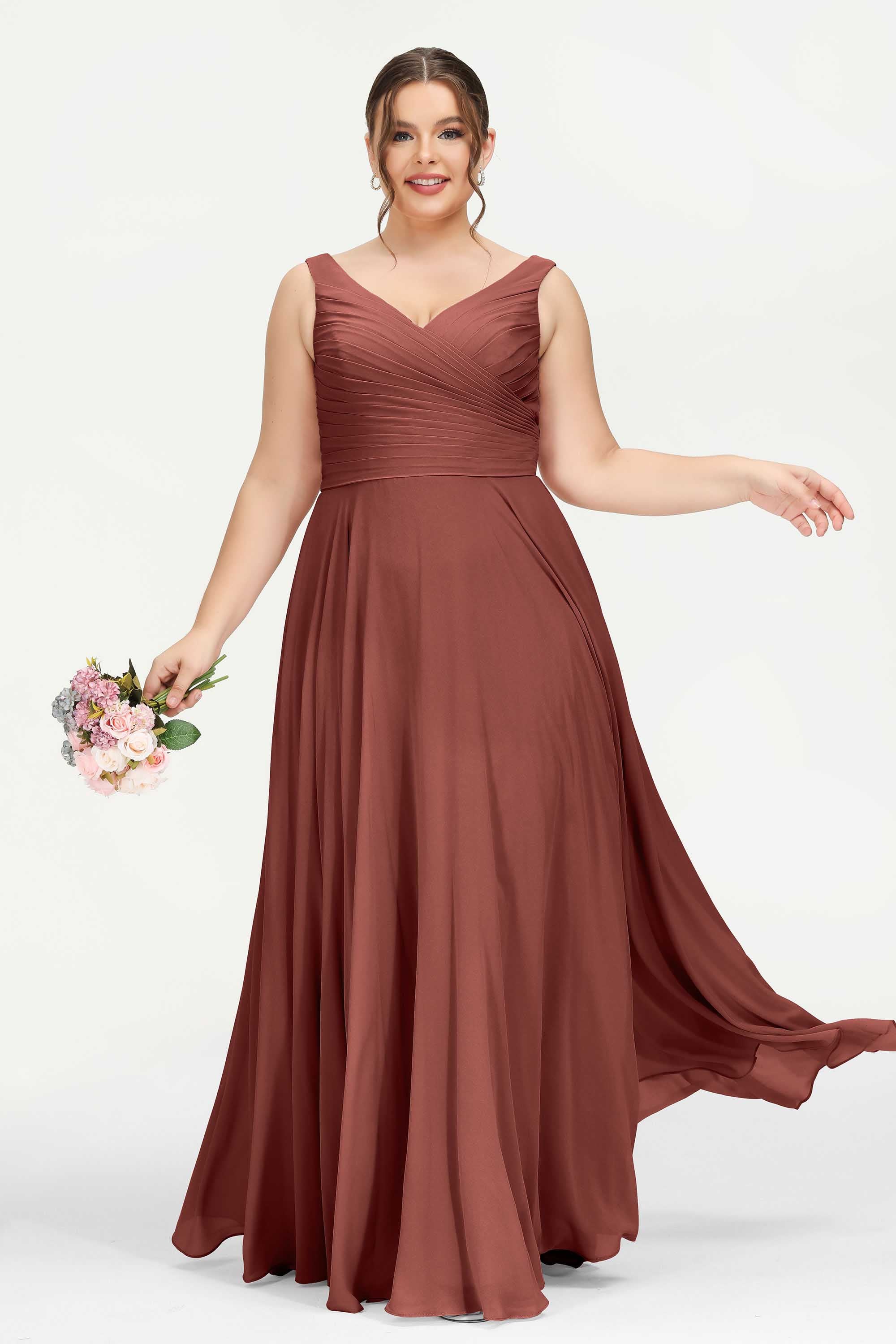 V Neck Chiffon Sleeveless Bridesmaid Dress Pleated Formal Evening Prom Dresses with Bow Sash