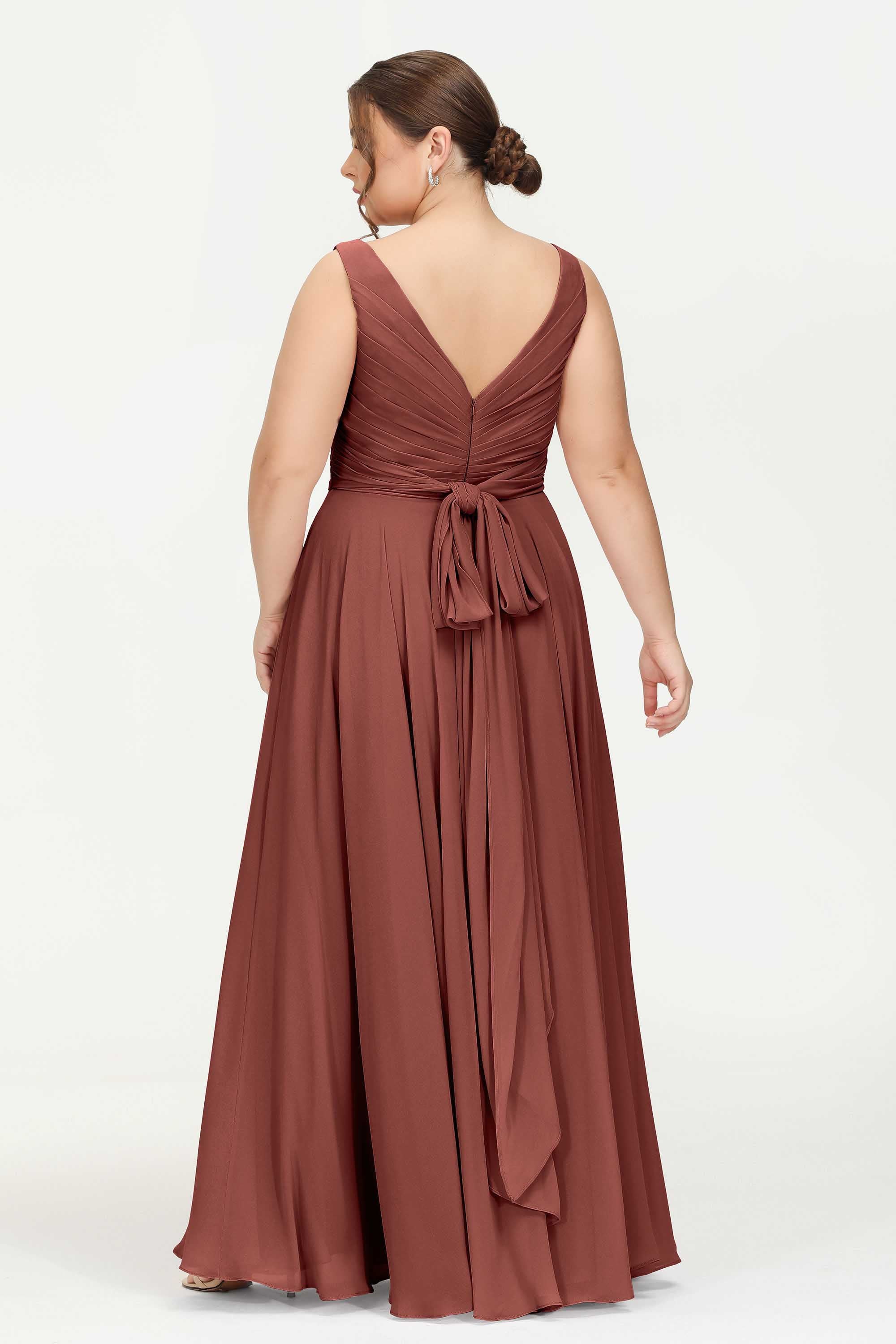 V Neck Chiffon Sleeveless Bridesmaid Dress Pleated Formal Evening Prom Dresses with Bow Sash