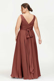 V Neck Chiffon Sleeveless Bridesmaid Dress Pleated Formal Evening Prom Dresses with Bow Sash