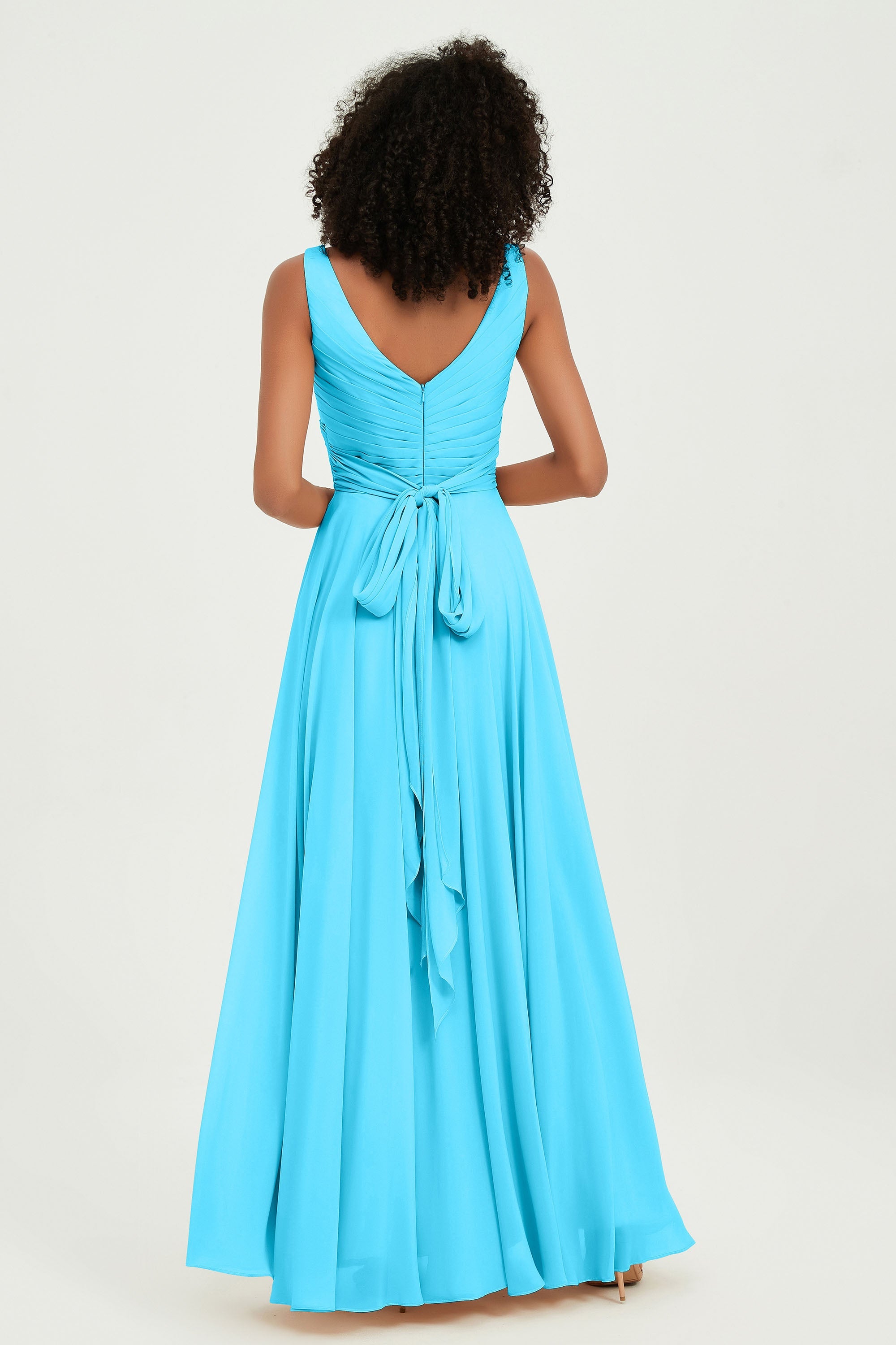 V Neck Chiffon Sleeveless Bridesmaid Dress Pleated Formal Evening Prom Dresses with Bow Sash