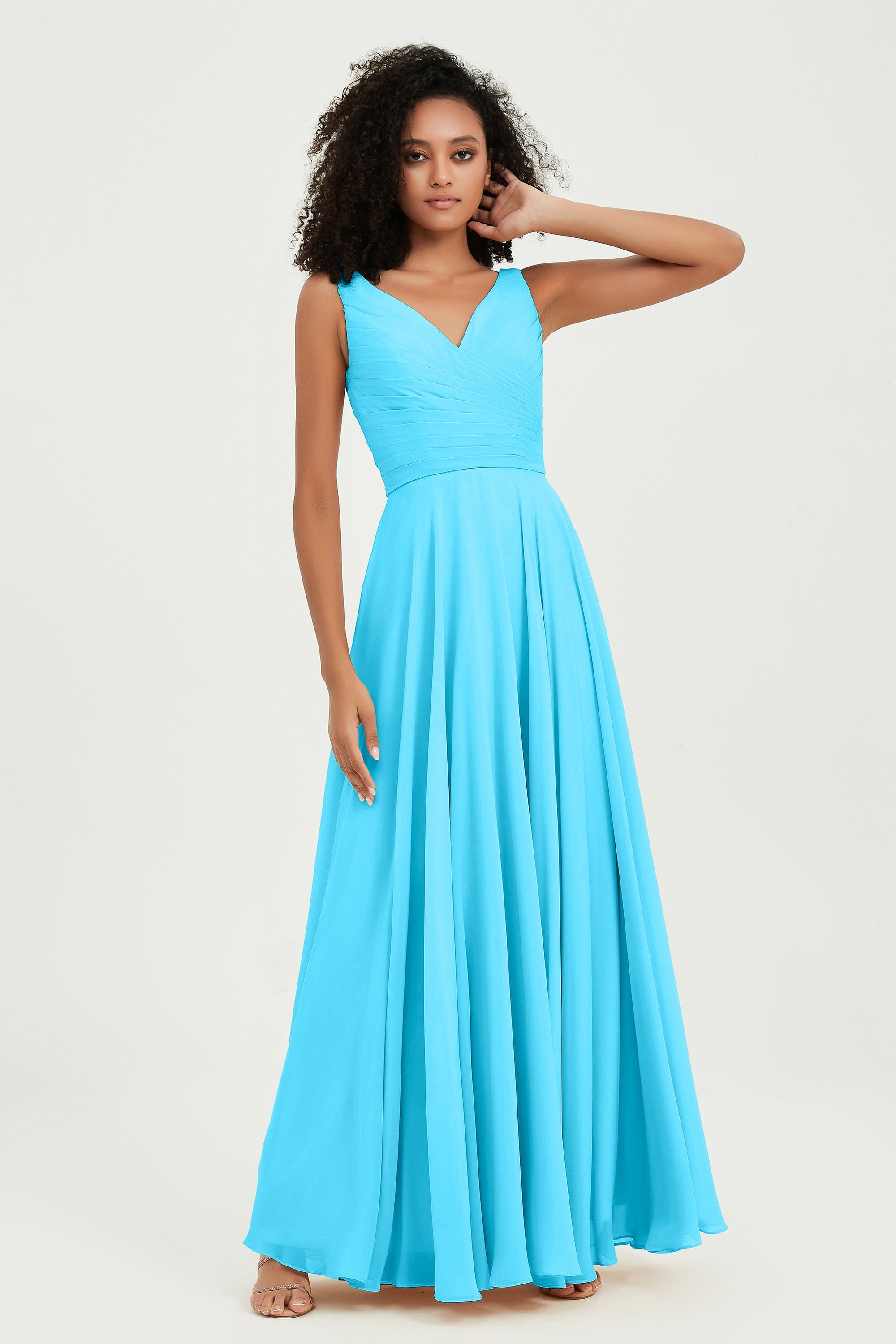 V Neck Chiffon Sleeveless Bridesmaid Dress Pleated Formal Evening Prom Dresses with Bow Sash