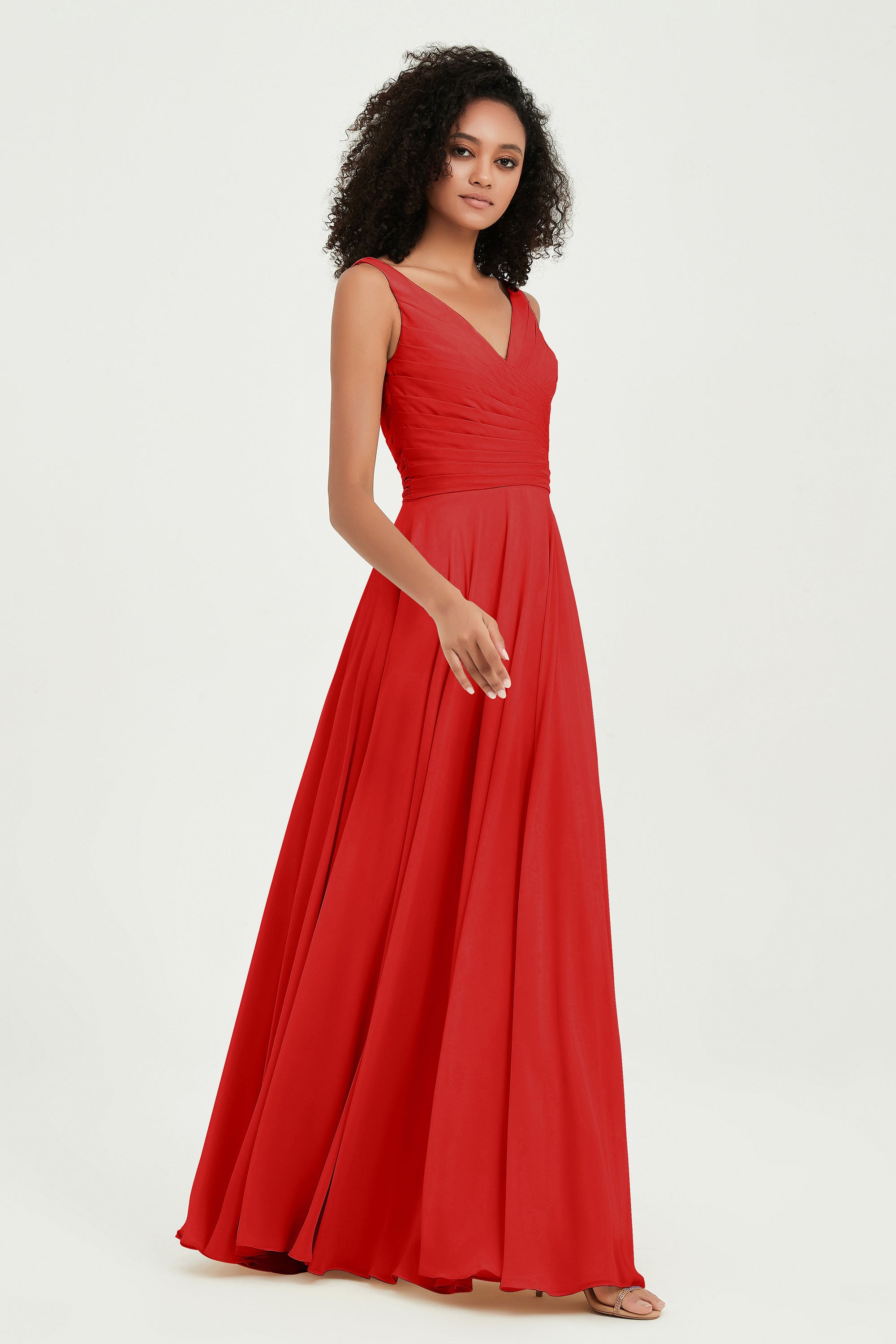 V Neck Chiffon Sleeveless Bridesmaid Dress Pleated Formal Evening Prom Dresses with Bow Sash