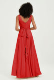 V Neck Chiffon Sleeveless Bridesmaid Dress Pleated Formal Evening Prom Dresses with Bow Sash