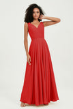 V Neck Chiffon Sleeveless Bridesmaid Dress Pleated Formal Evening Prom Dresses with Bow Sash
