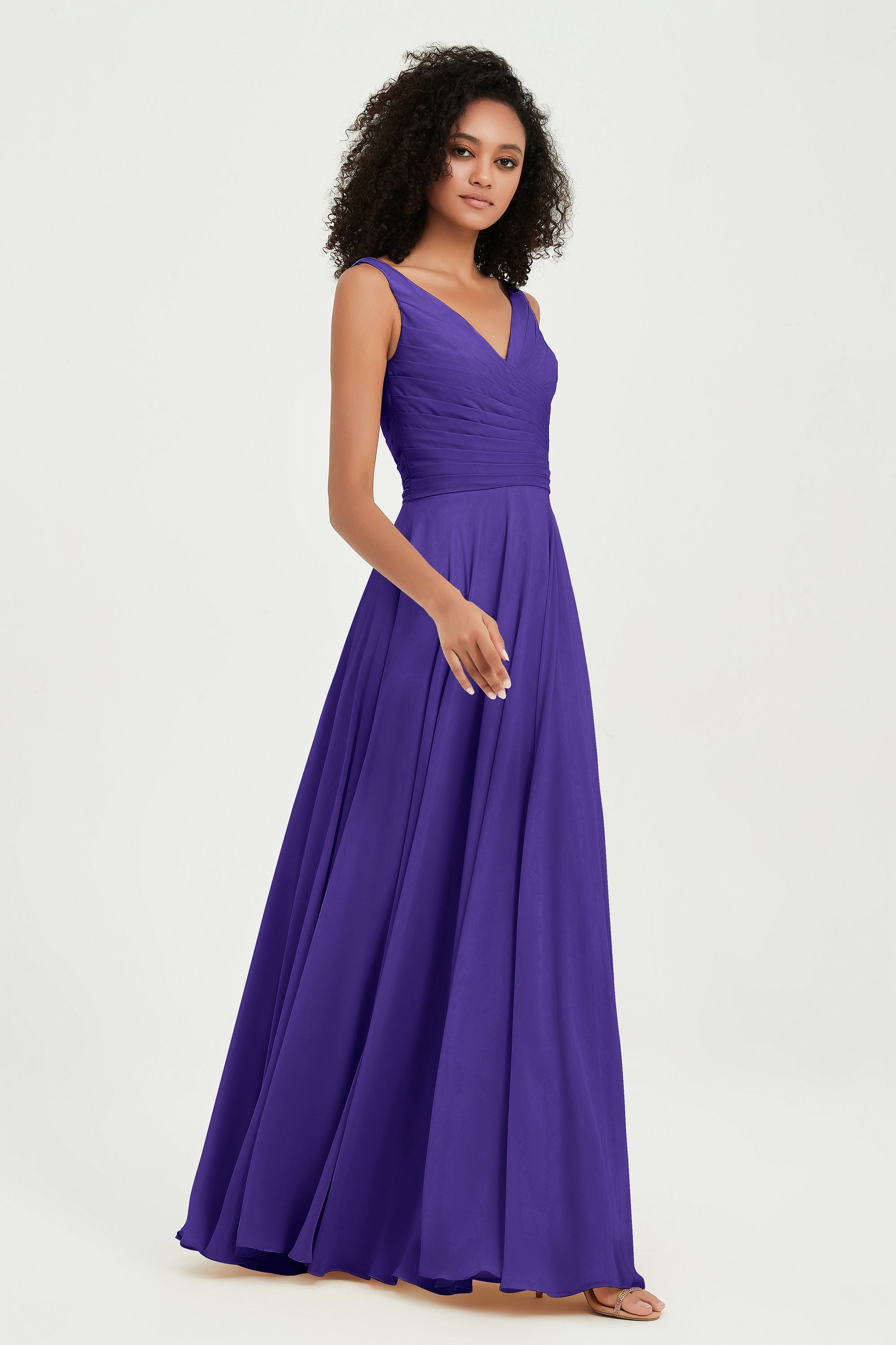 V Neck Chiffon Sleeveless Bridesmaid Dress Pleated Formal Evening Prom Dresses with Bow Sash