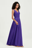 V Neck Chiffon Sleeveless Bridesmaid Dress Pleated Formal Evening Prom Dresses with Bow Sash