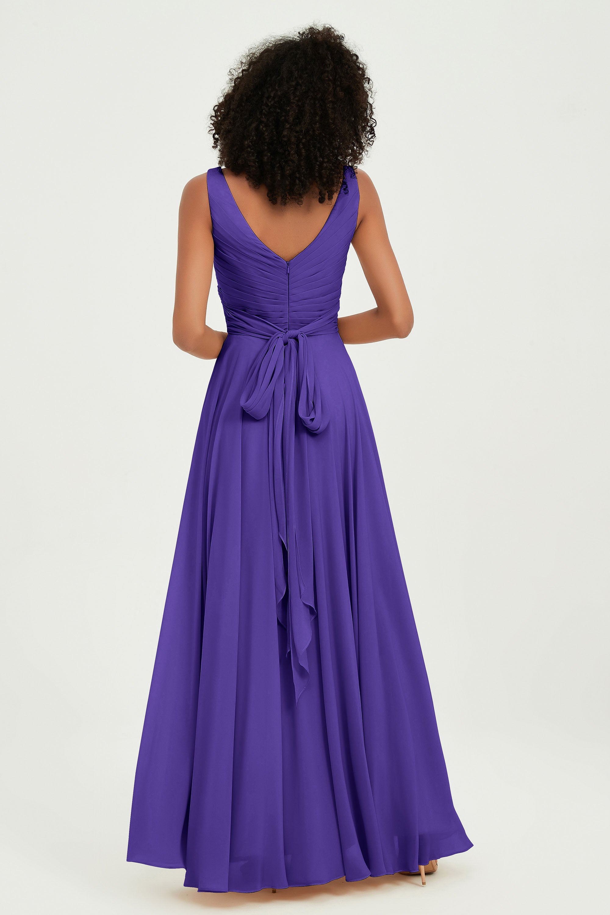 V Neck Chiffon Sleeveless Bridesmaid Dress Pleated Formal Evening Prom Dresses with Bow Sash