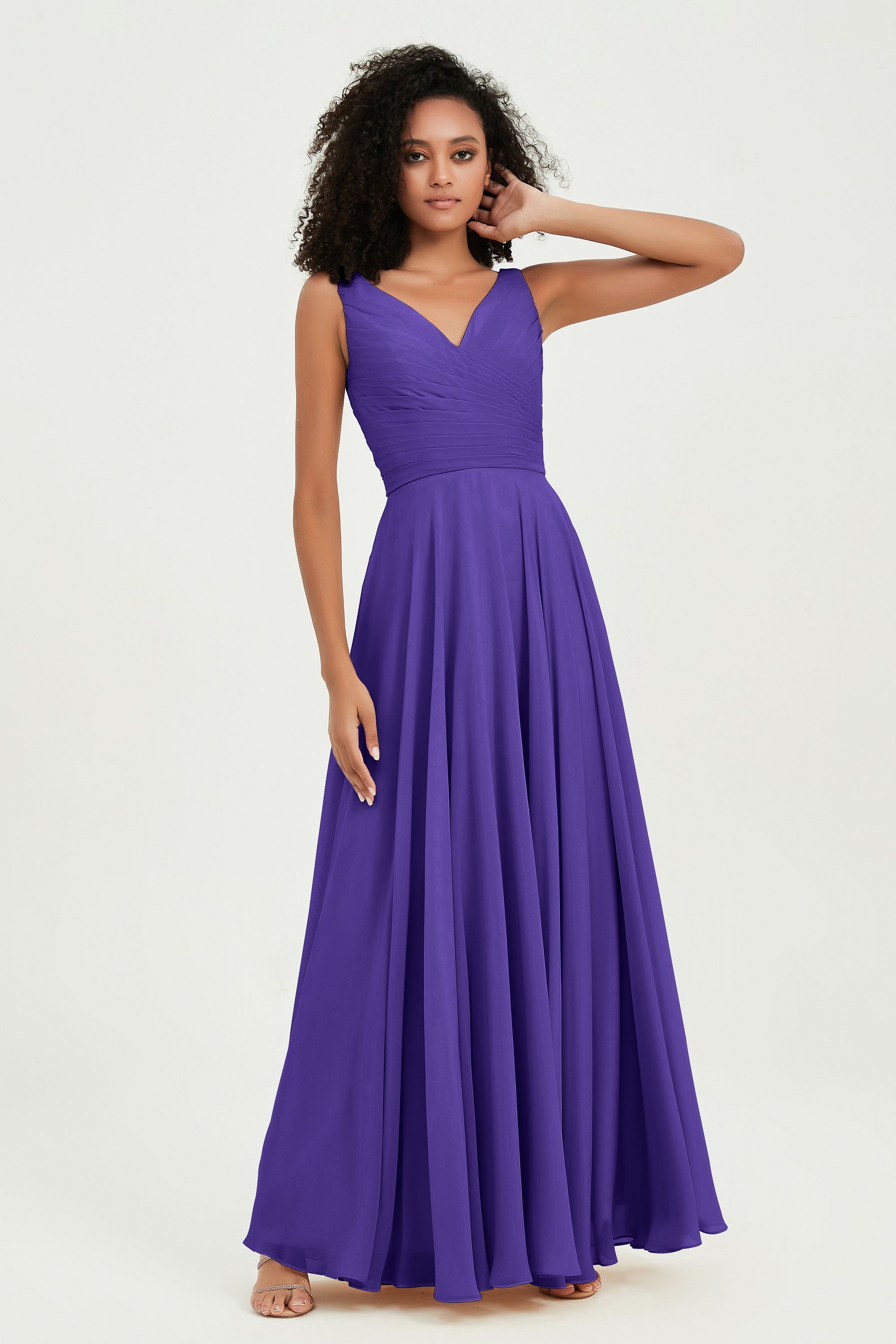 V Neck Chiffon Sleeveless Bridesmaid Dress Pleated Formal Evening Prom Dresses with Bow Sash