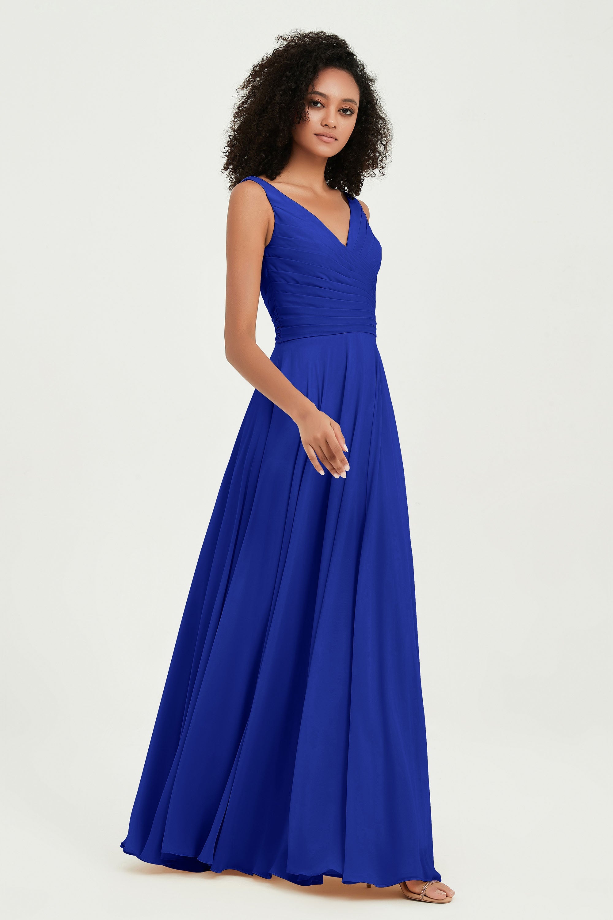 V Neck Chiffon Sleeveless Bridesmaid Dress Pleated Formal Evening Prom Dresses with Bow Sash