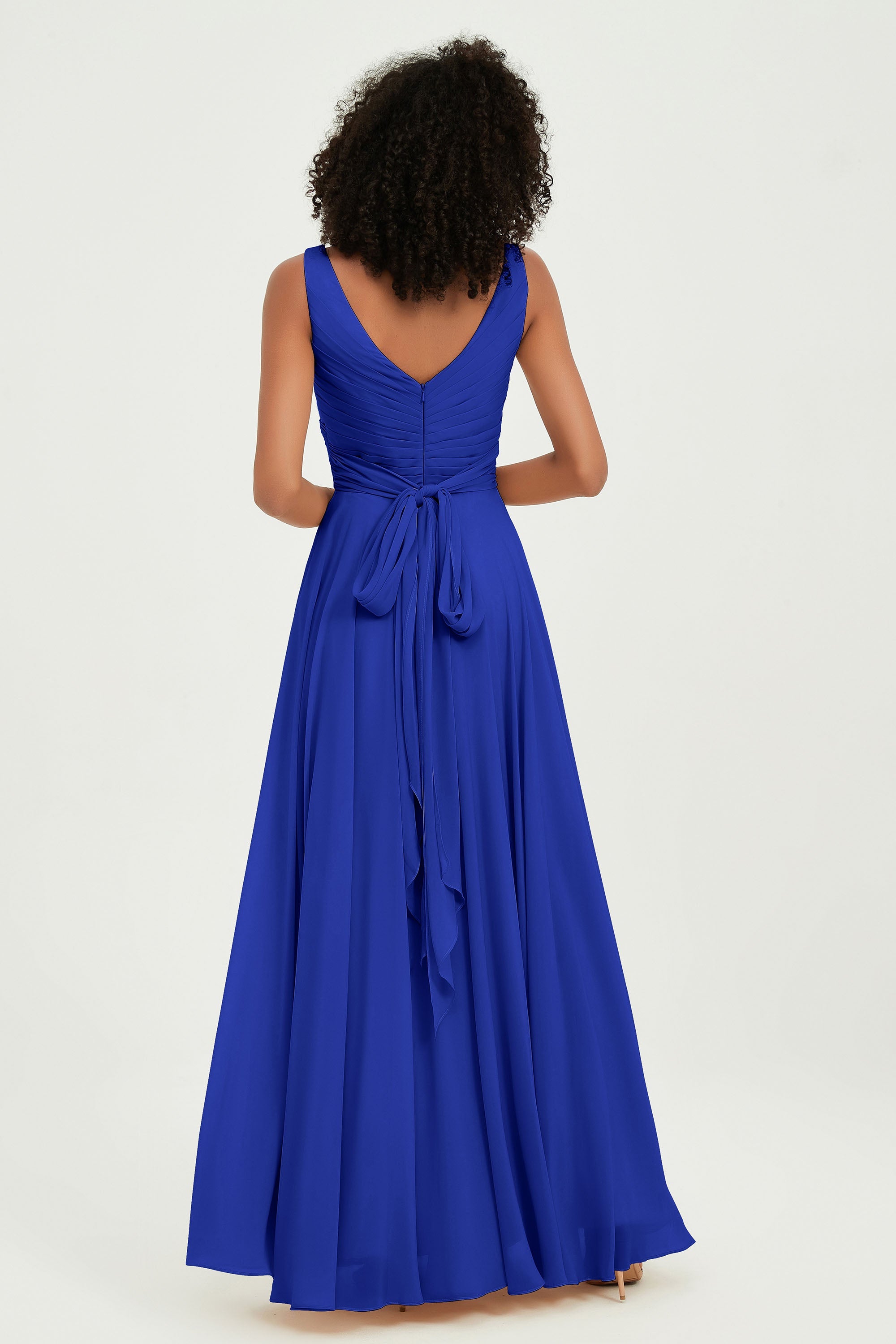 V Neck Chiffon Sleeveless Bridesmaid Dress Pleated Formal Evening Prom Dresses with Bow Sash