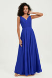 V Neck Chiffon Sleeveless Bridesmaid Dress Pleated Formal Evening Prom Dresses with Bow Sash