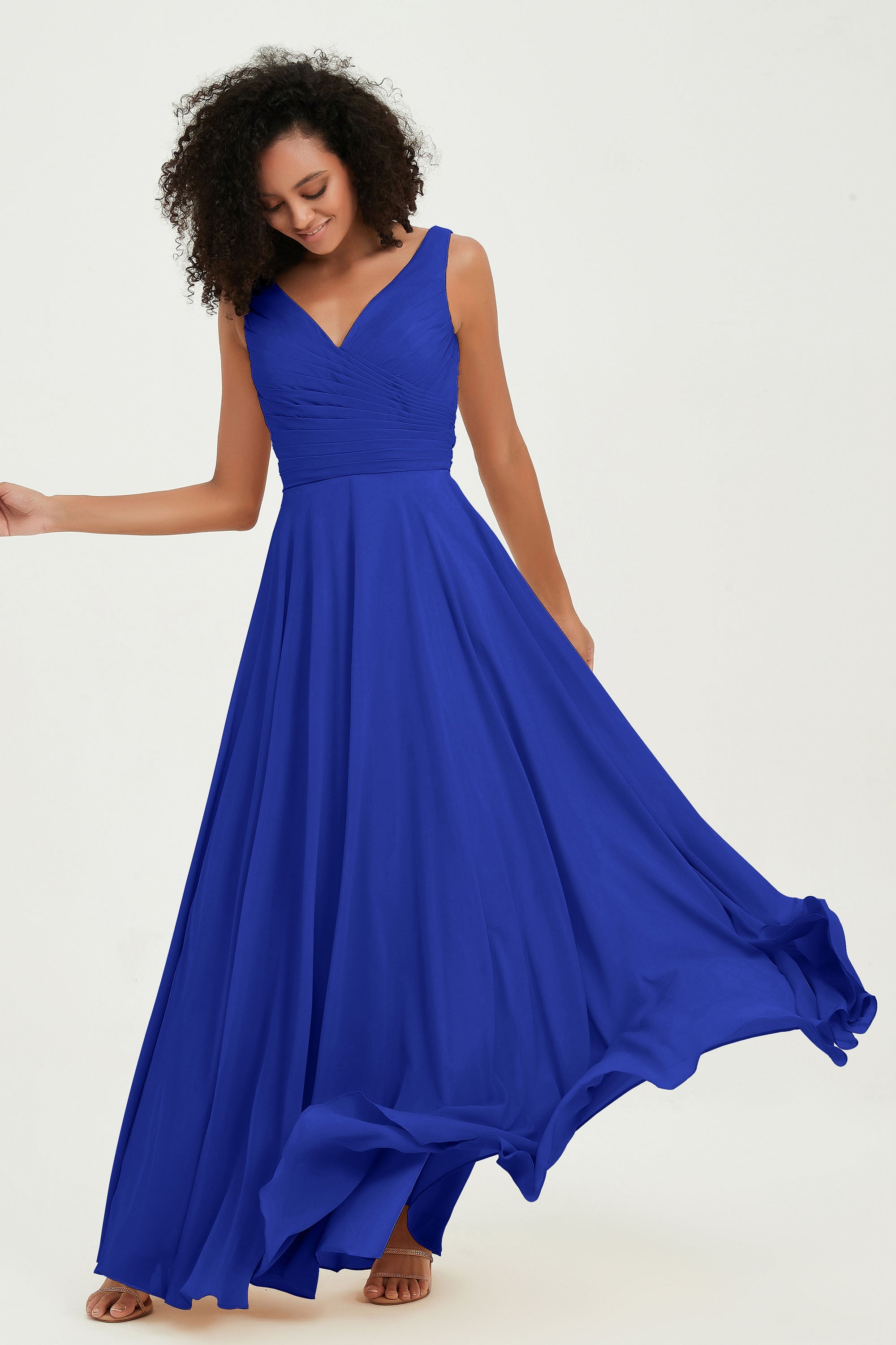 V Neck Chiffon Sleeveless Bridesmaid Dress Pleated Formal Evening Prom Dresses with Bow Sash