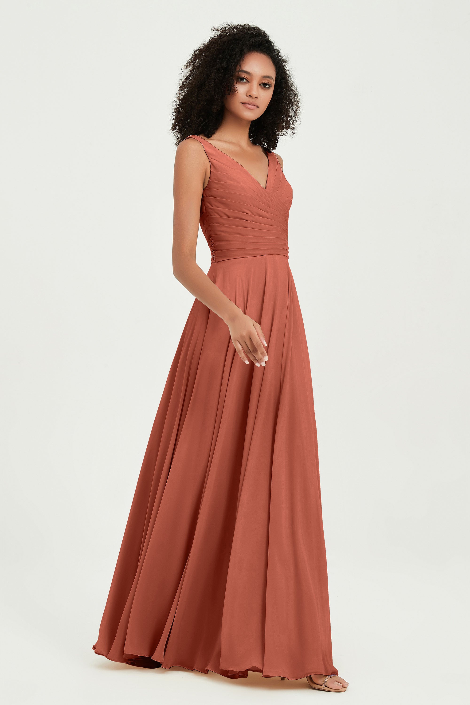 V Neck Chiffon Sleeveless Bridesmaid Dress Pleated Formal Evening Prom Dresses with Bow Sash