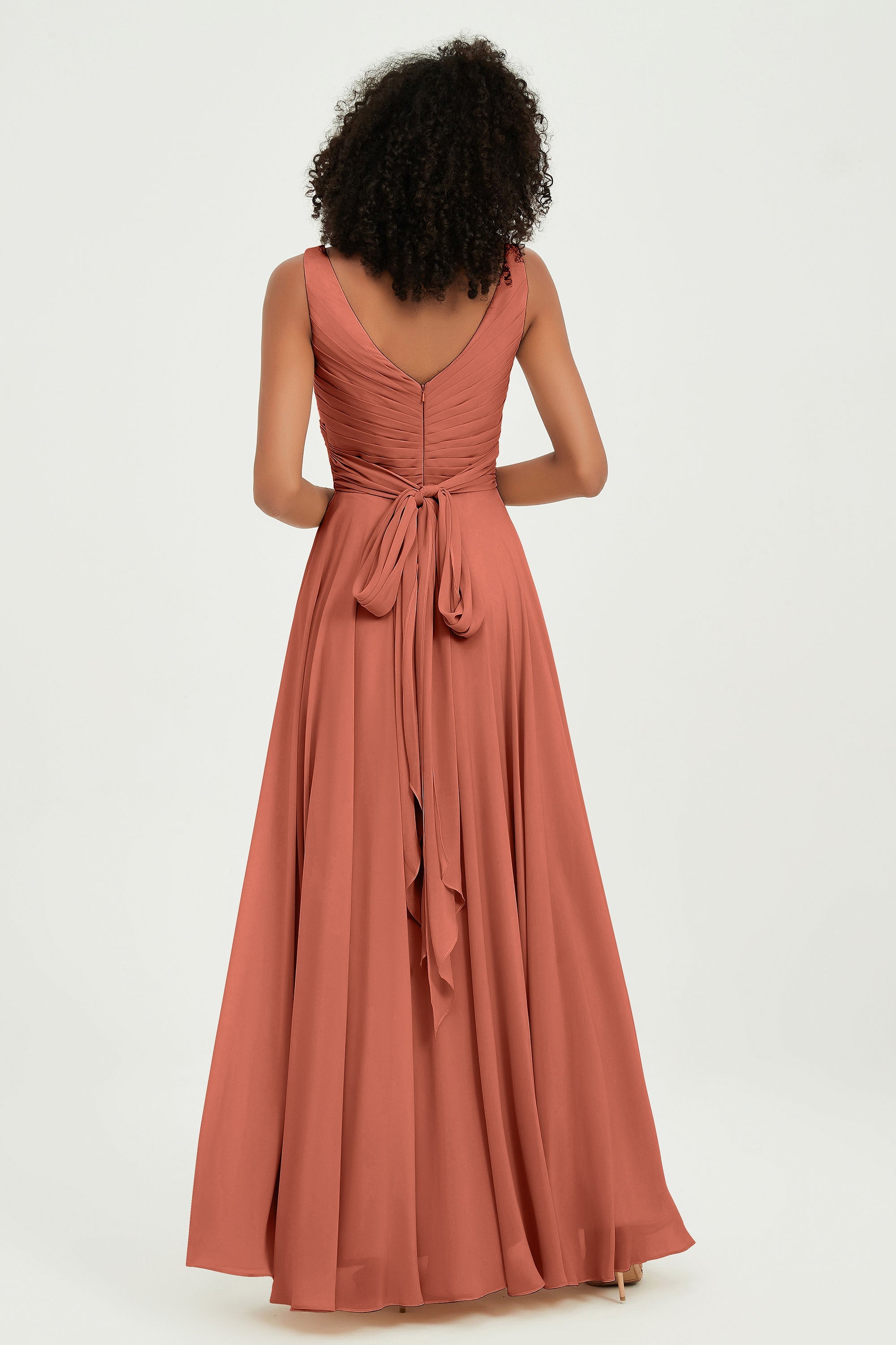 V Neck Chiffon Sleeveless Bridesmaid Dress Pleated Formal Evening Prom Dresses with Bow Sash