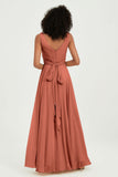 V Neck Chiffon Sleeveless Bridesmaid Dress Pleated Formal Evening Prom Dresses with Bow Sash