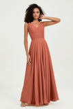 V Neck Chiffon Sleeveless Bridesmaid Dress Pleated Formal Evening Prom Dresses with Bow Sash