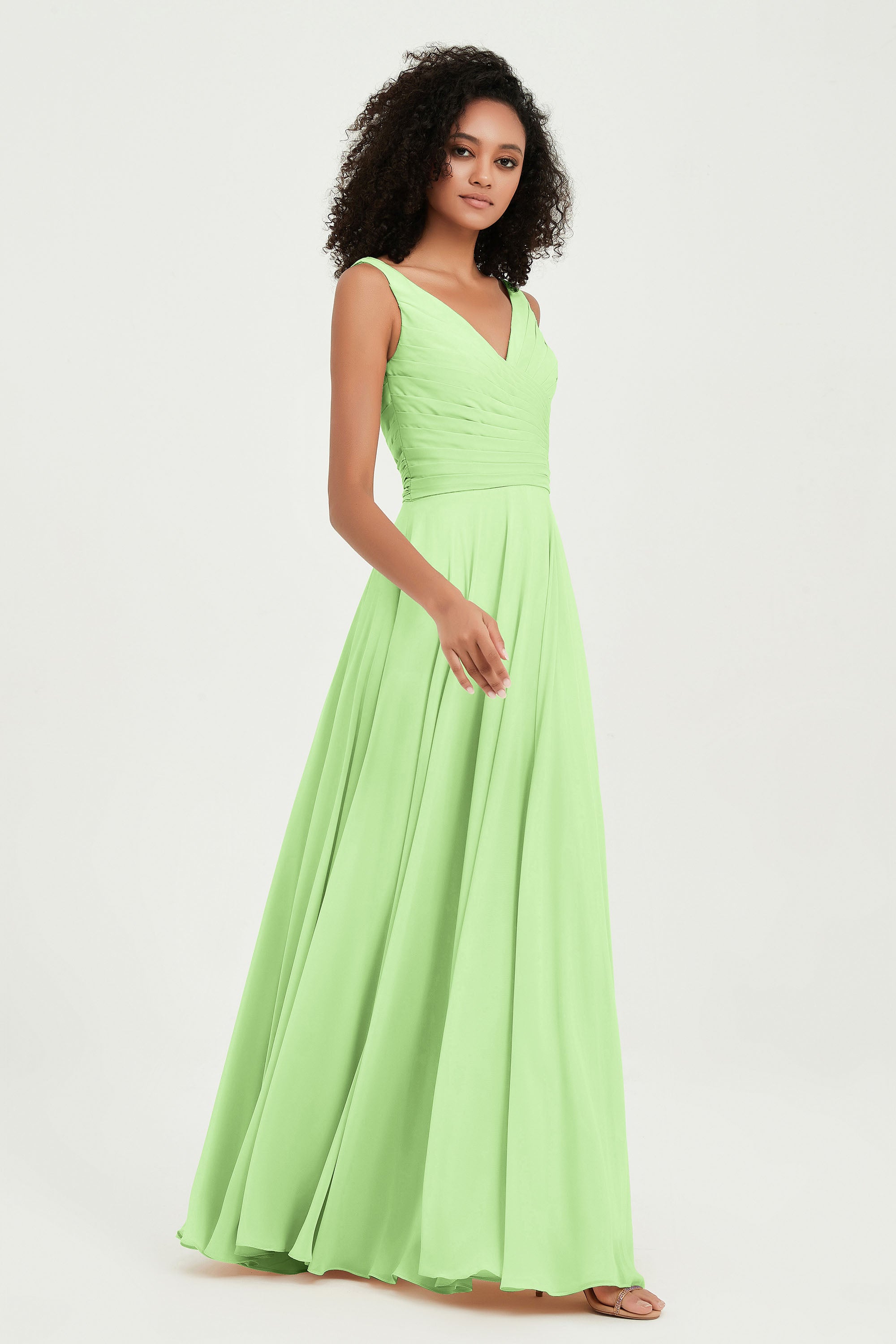 V Neck Chiffon Sleeveless Bridesmaid Dress Pleated Formal Evening Prom Dresses with Bow Sash