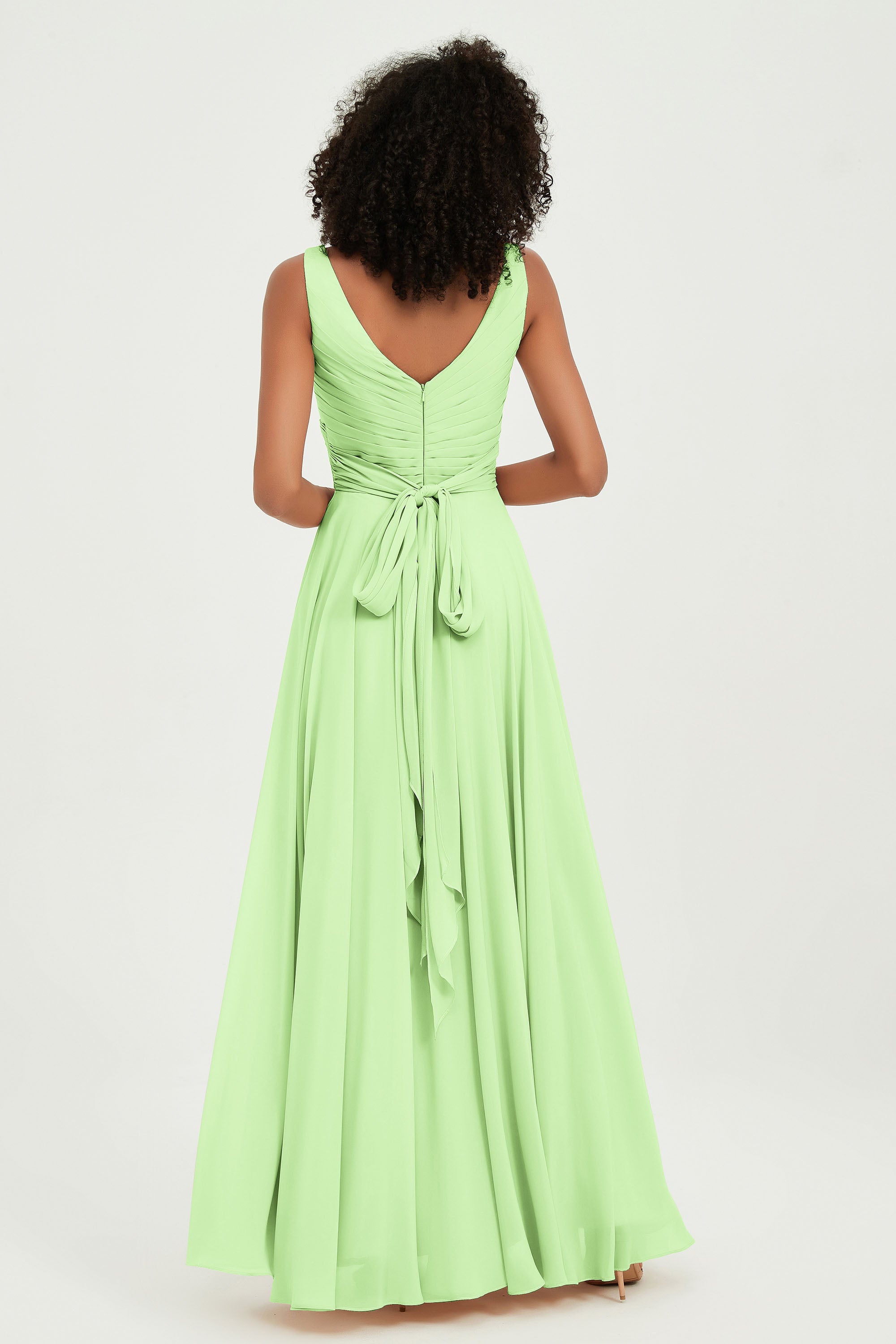 V Neck Chiffon Sleeveless Bridesmaid Dress Pleated Formal Evening Prom Dresses with Bow Sash